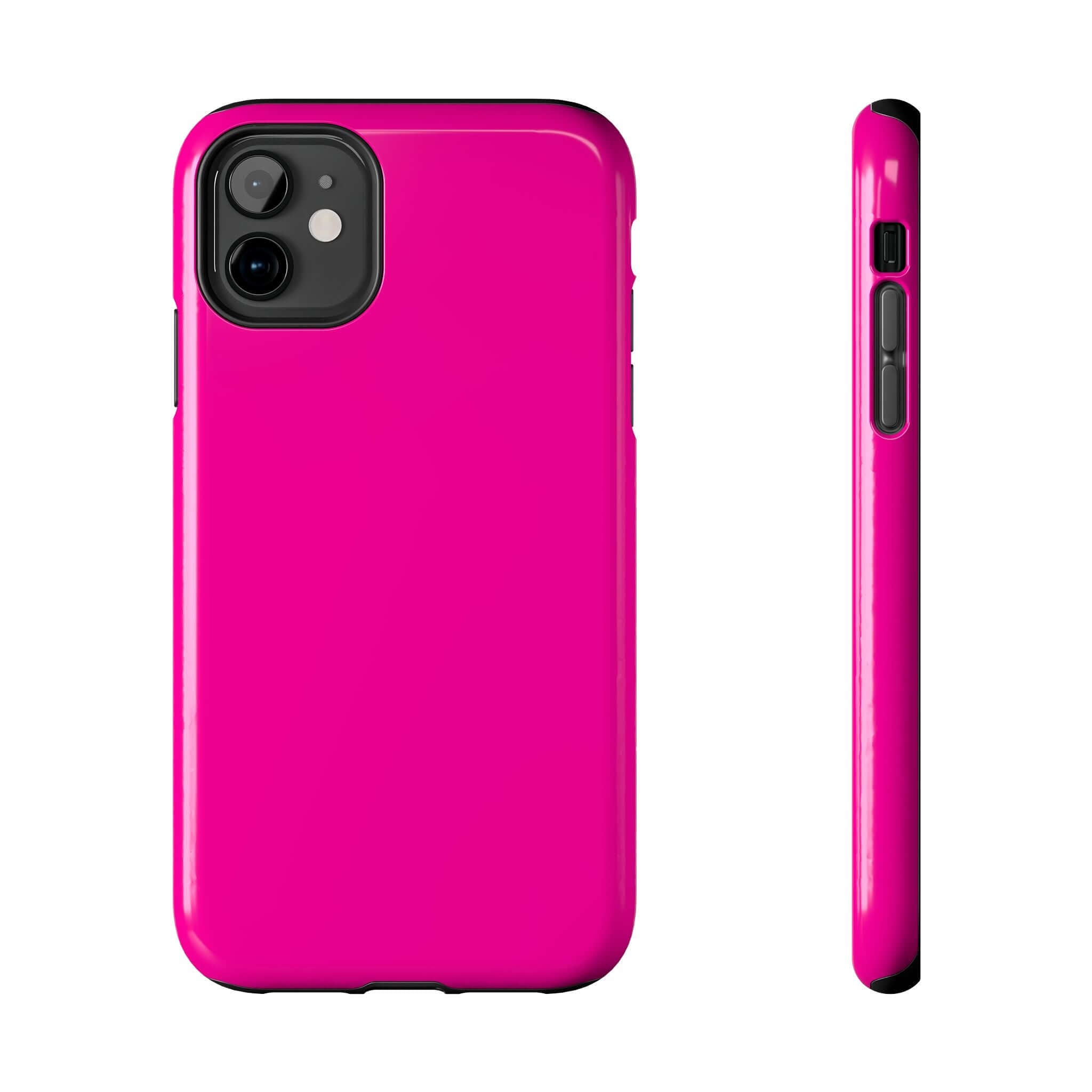 Neon pink iPhone case with a cute design and free shipping, showcased back and side view. Ideal for fashionistas from the cutest phone case website.