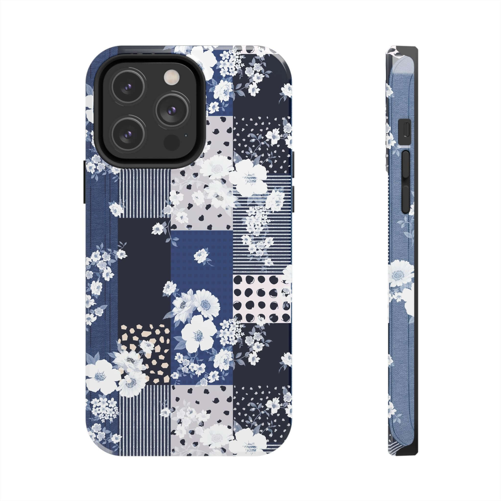 Sorority book club blue floral phone case, cute iPhone cover with patchwork flower design, Samsung compatible, stylish and protective