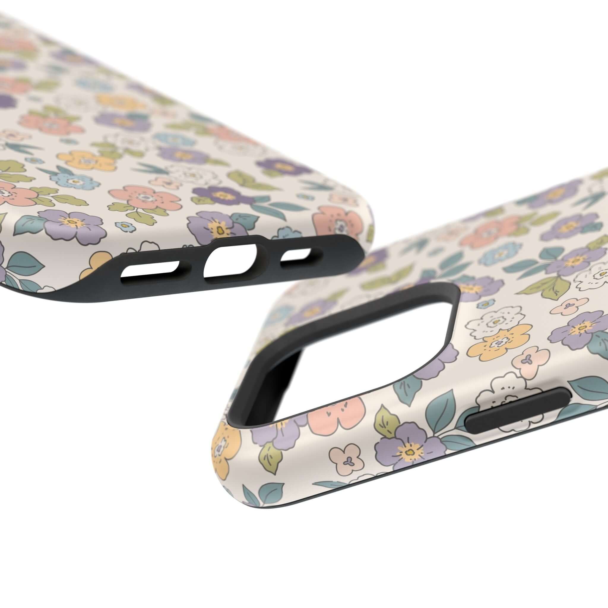 Colorful Ditsy Daisies floral iPhone case showcasing vibrant flowers and MagSafe compatibility. Perfect cute phone cover!