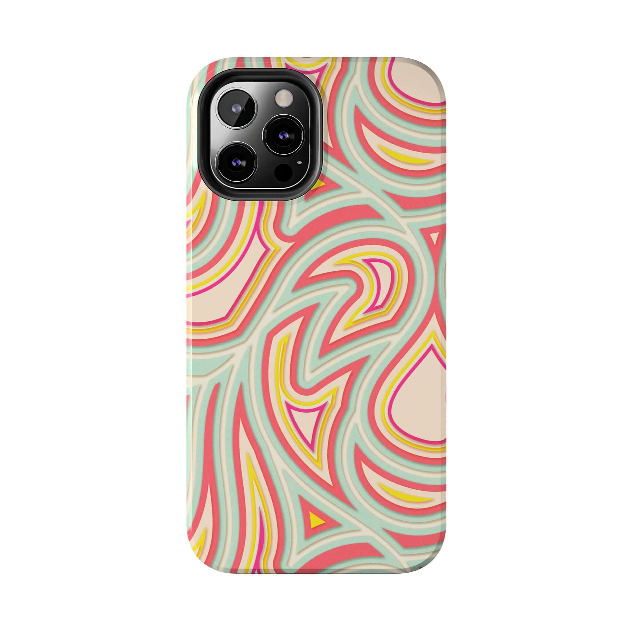 Groovy Waves retro abstract phone case with colorful patterns for iPhone and Samsung, cute cover with vibrant design and flower accents.