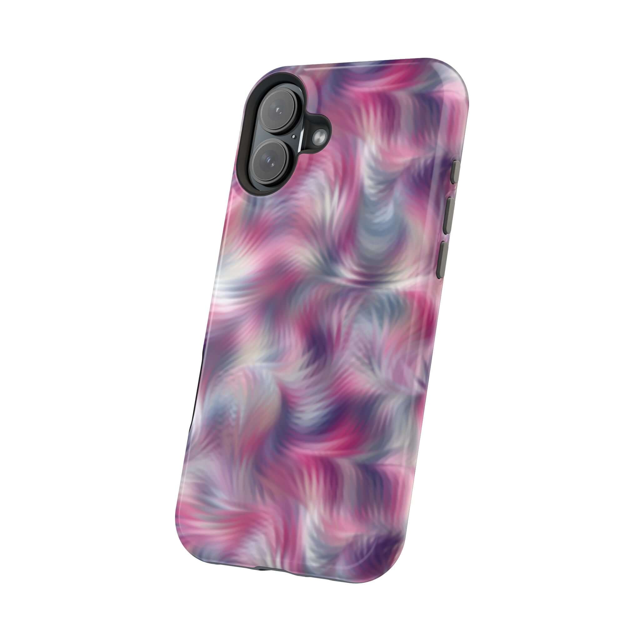 Purple abstract MagSafe iPhone case with a tie dye swirl design, perfect as a cute phone cover.