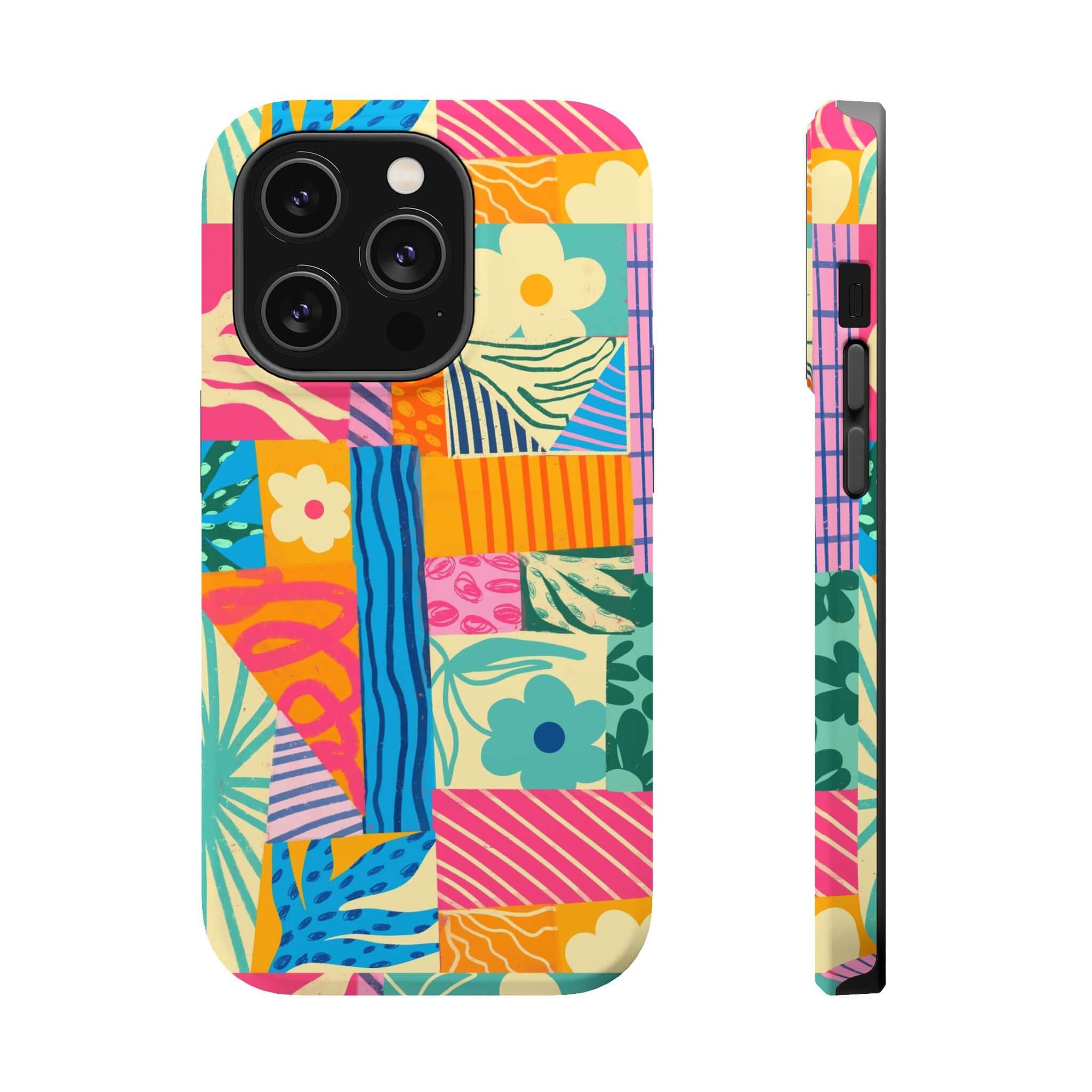 Colorful patchwork iPhone 16 case, Sunny Tides design, perfect for beach lovers seeking a cute phone case with fun, playful style.