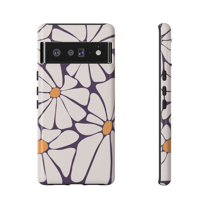 Retro flower phone case for iPhone 14 with purple and orange floral design. Cute case offering protection for your Samsung or Pixel device.