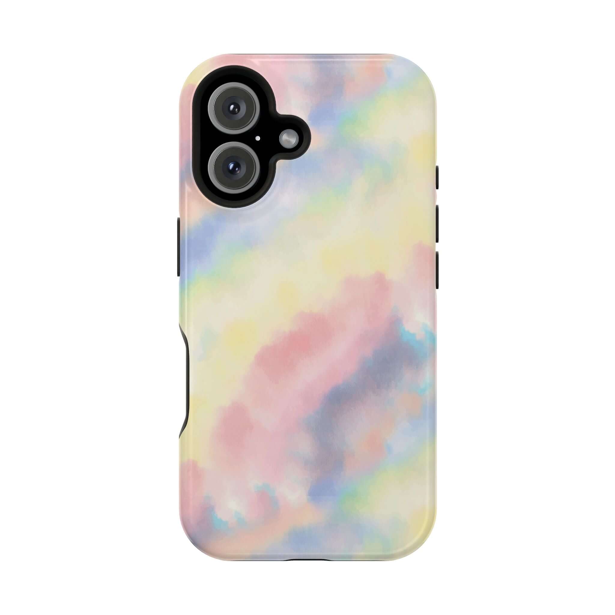 Cute iPhone case with pastel tie dye design, Unicorn Dreams, MagSafe compatible, custom phone case design for unique tech style.