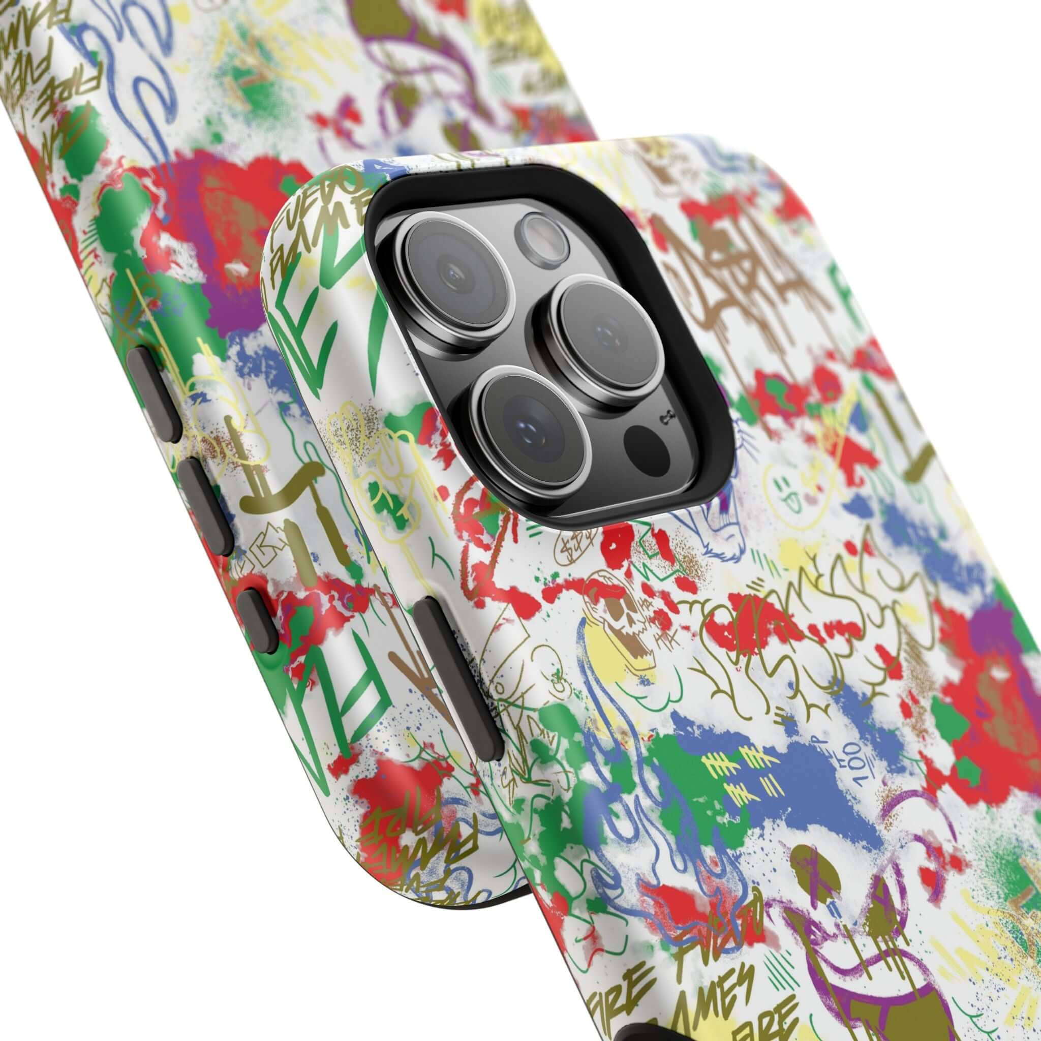 Cute phone cover with colorful graffiti design, showcasing MagSafe technology for iPhone protection and style.