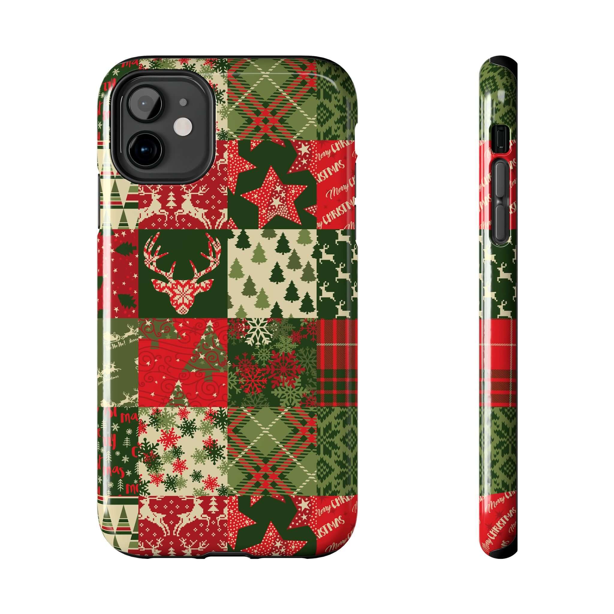 Cute iPhone case with green holiday design featuring Christmas trees, reindeer, snowflakes, and festive quilt patterns.