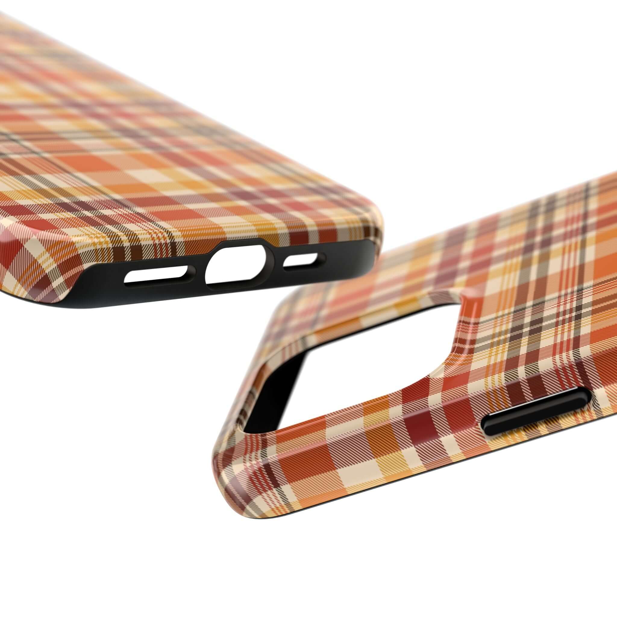 Autumn Air plaid iPhone case with fall colors, perfect for the autumn season and Halloween. Cute and stylish phone protection.