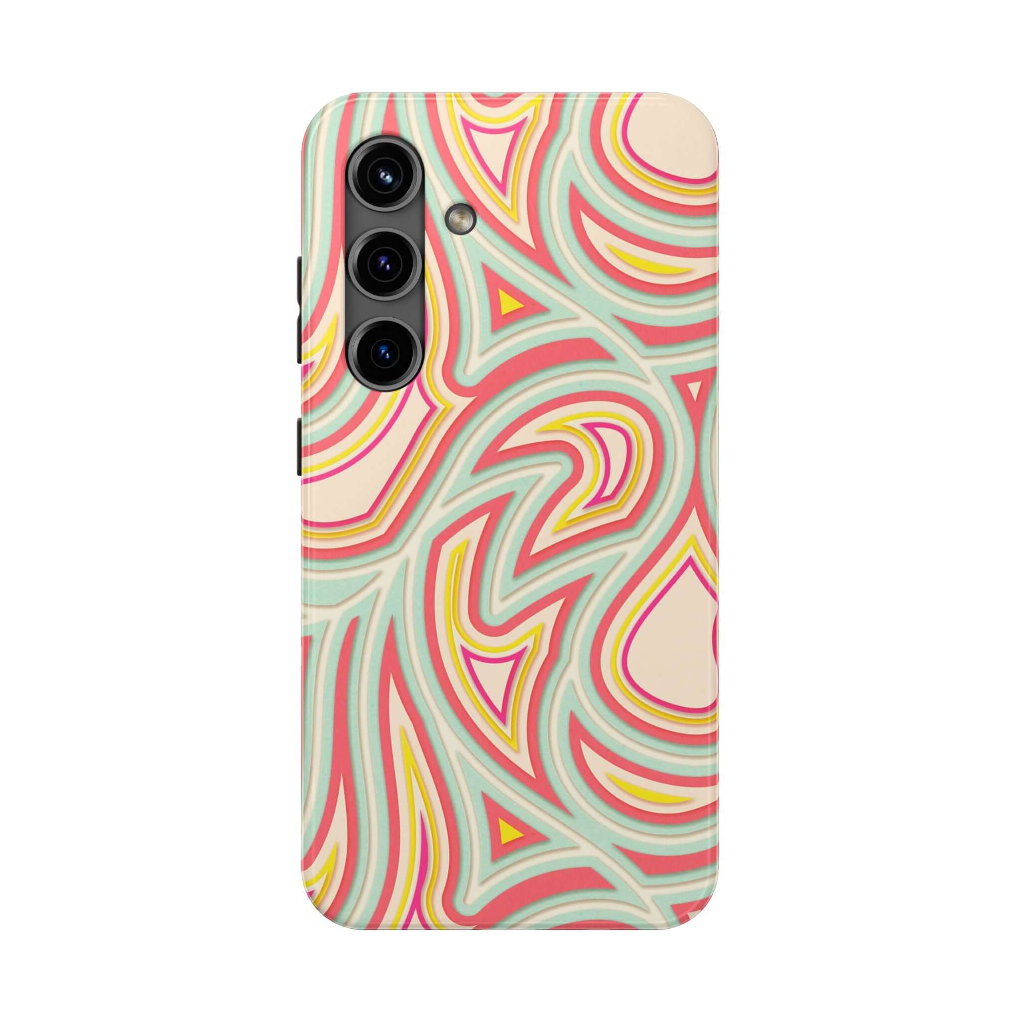 Retro abstract Samsung phone case with colorful groovy waves and floral patterns