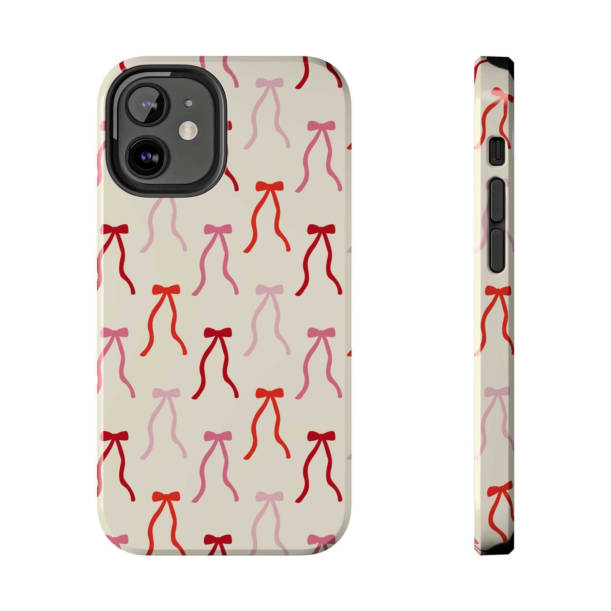 Beige Coquette Case with red bows, cute phone case for iPhone 16, adds playful touch and stylish protection.