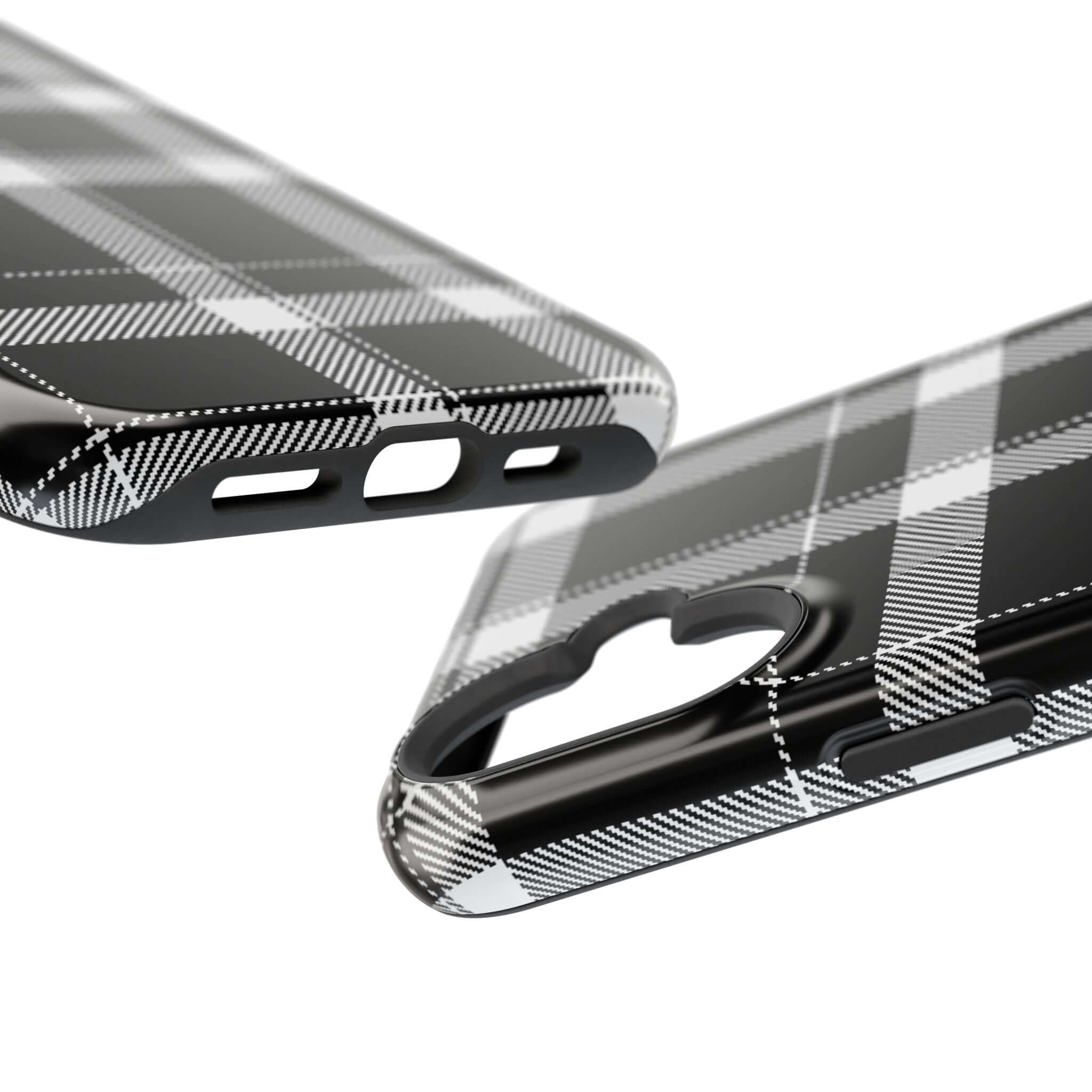 Close-up of a classic black plaid phone case, showcasing its stylish design for Apple iPhone. Perfect cute phone cover!