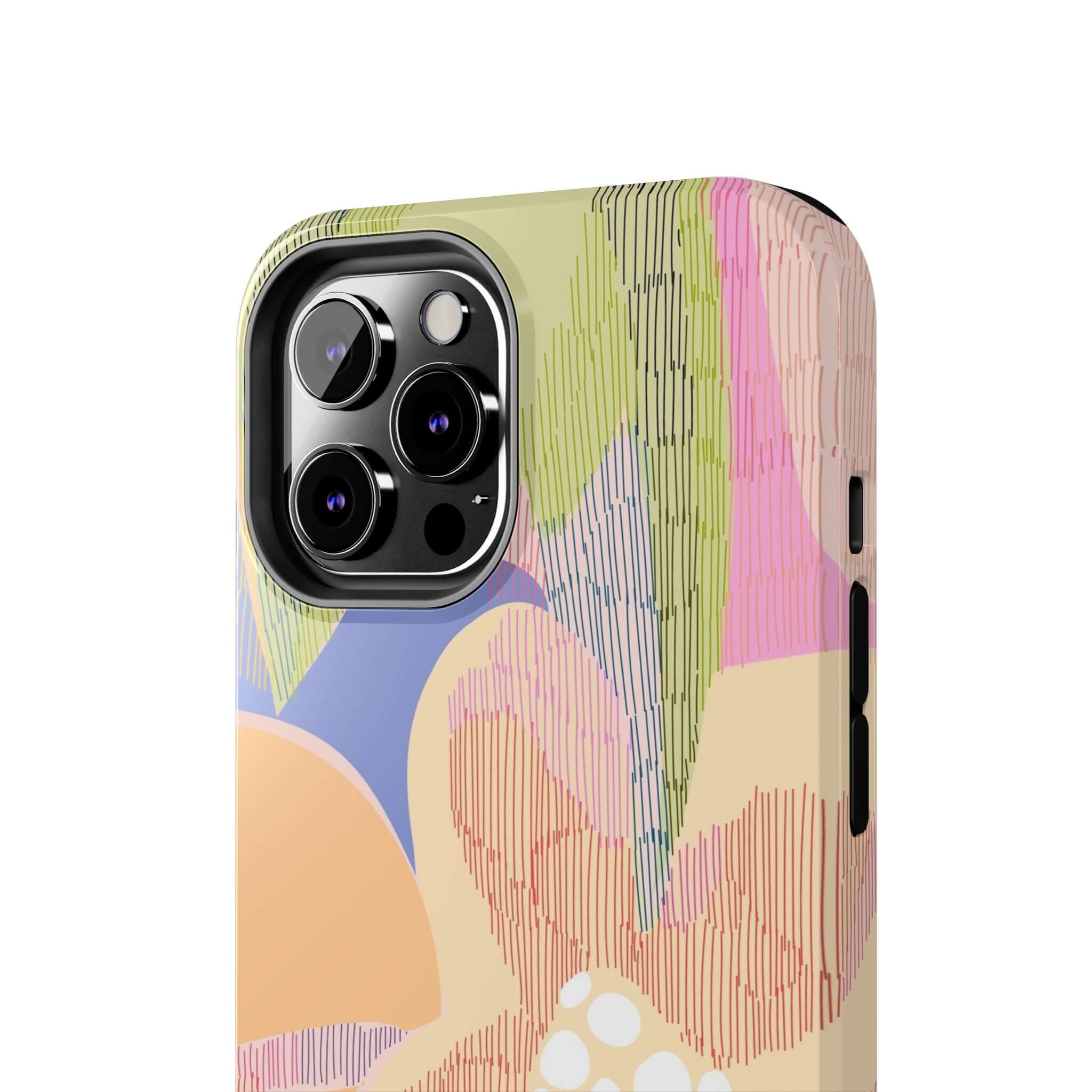 Colorful abstract floral iPhone 14 Pro Max case with cute protective design featuring palm trees and vibrant aesthetic