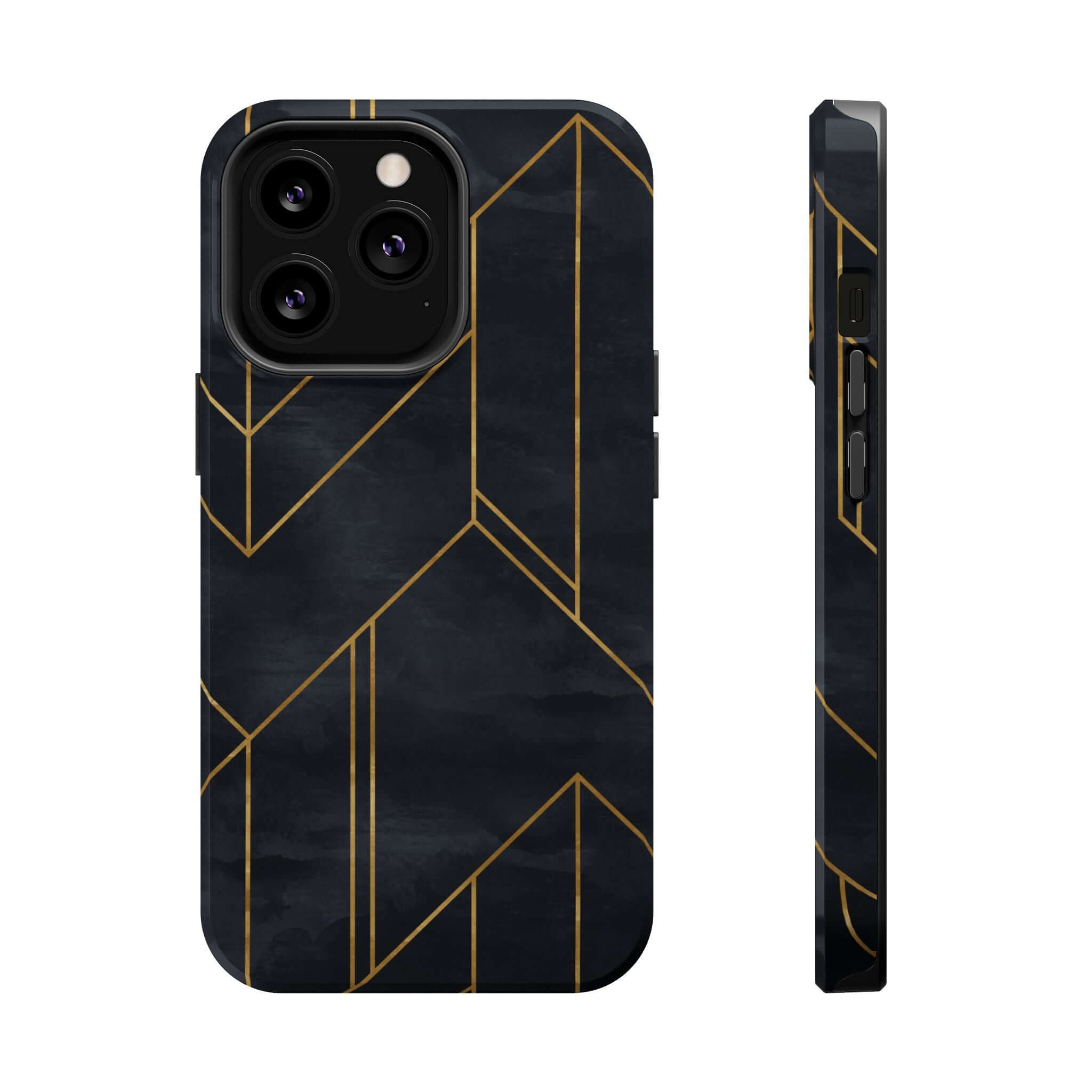 Urban Vibe modern geometric case with sleek black and gold abstract design, a cute and colorful iPhone case for trendy style.