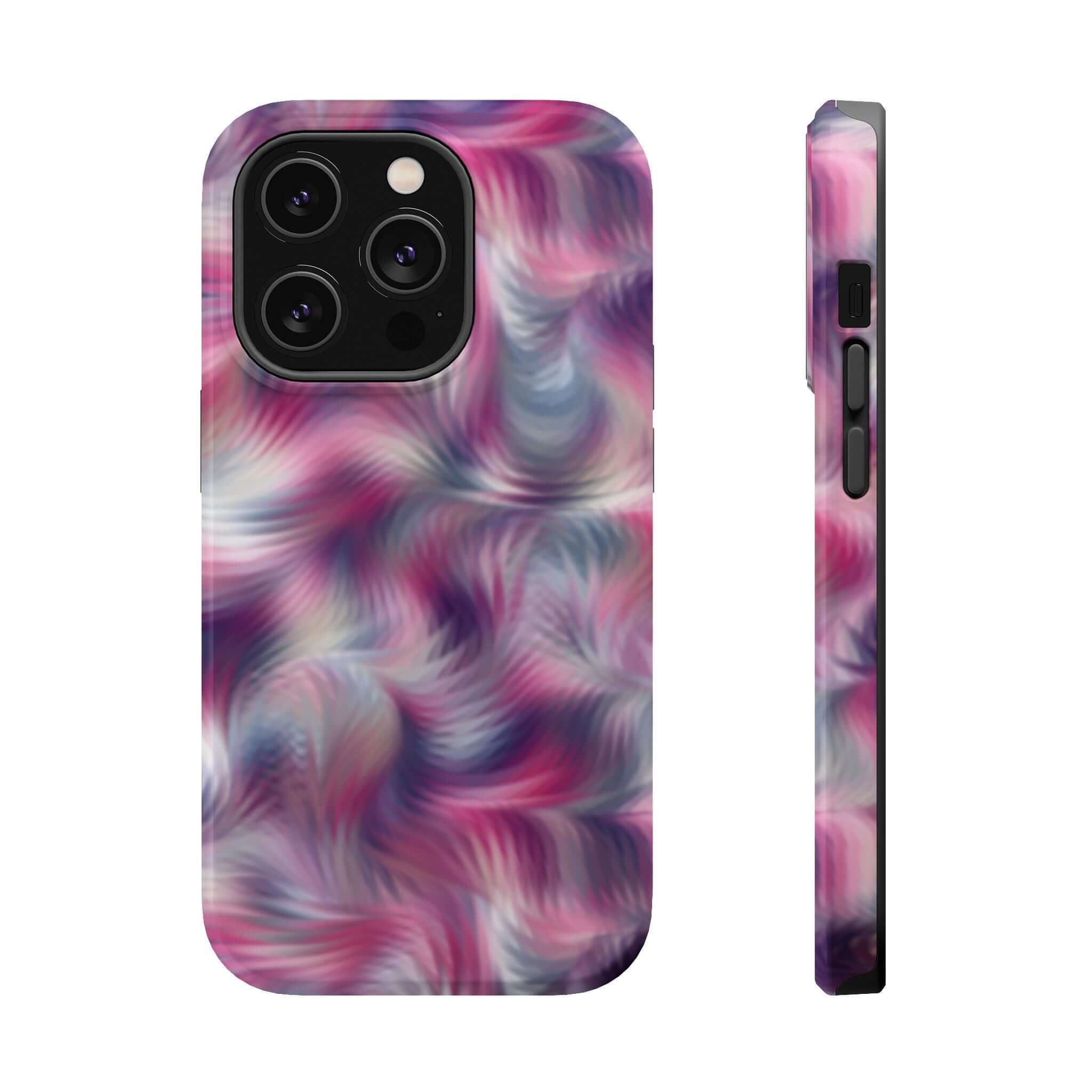 Quirky MagSafe iPhone case with purple tie dye swirl, perfect cute phone cover to showcase personality.