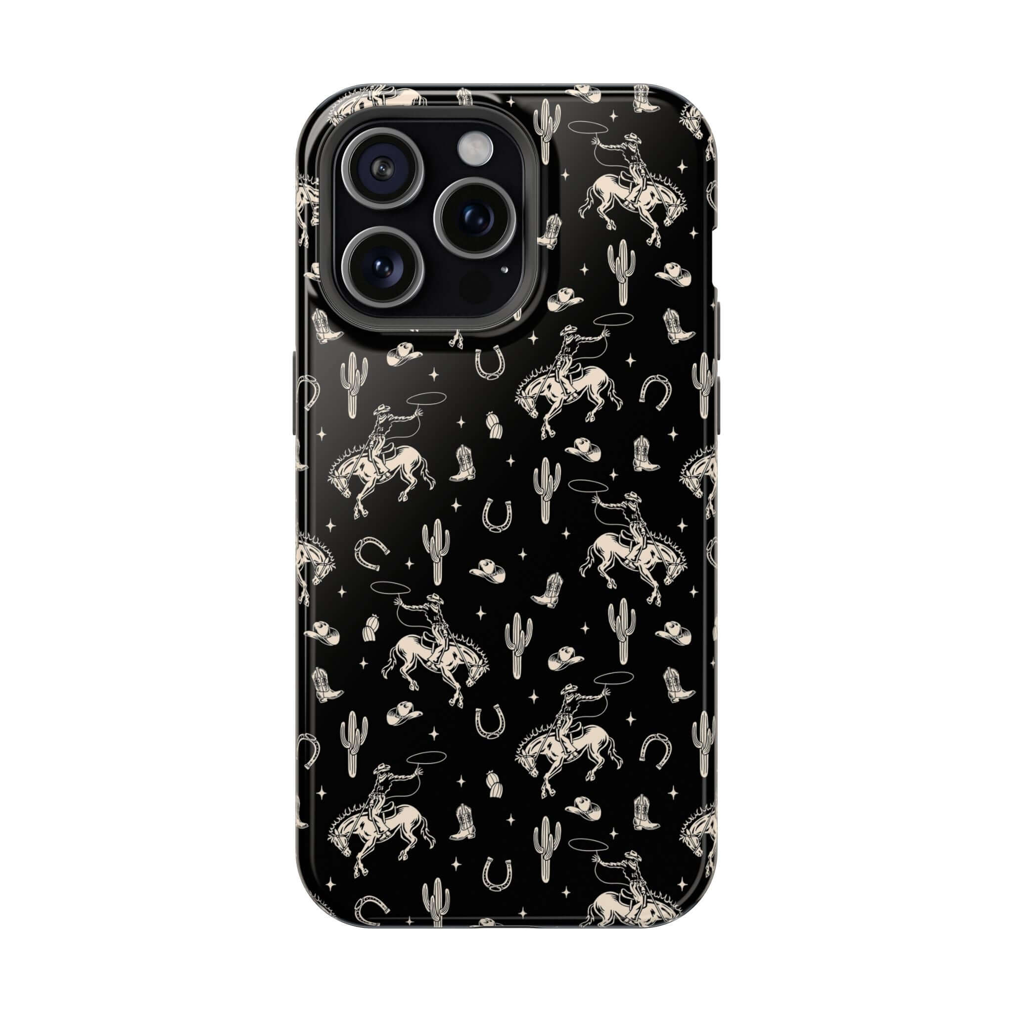 Twilight Cowgirl black western iPhone case with cute cowgirl patterns, perfect for adding to your cowgirl-inspired collection. Free shipping included.