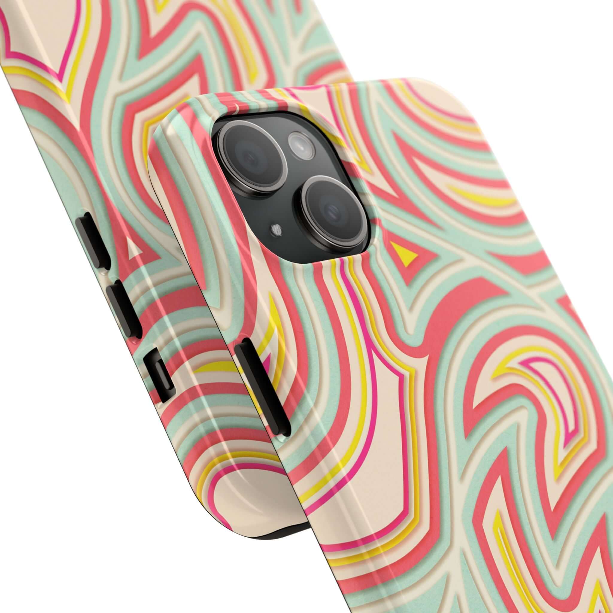 Retro abstract phone case with vibrant groovy waves design for iPhone. Cute phone cover with colorful, playful patterns.