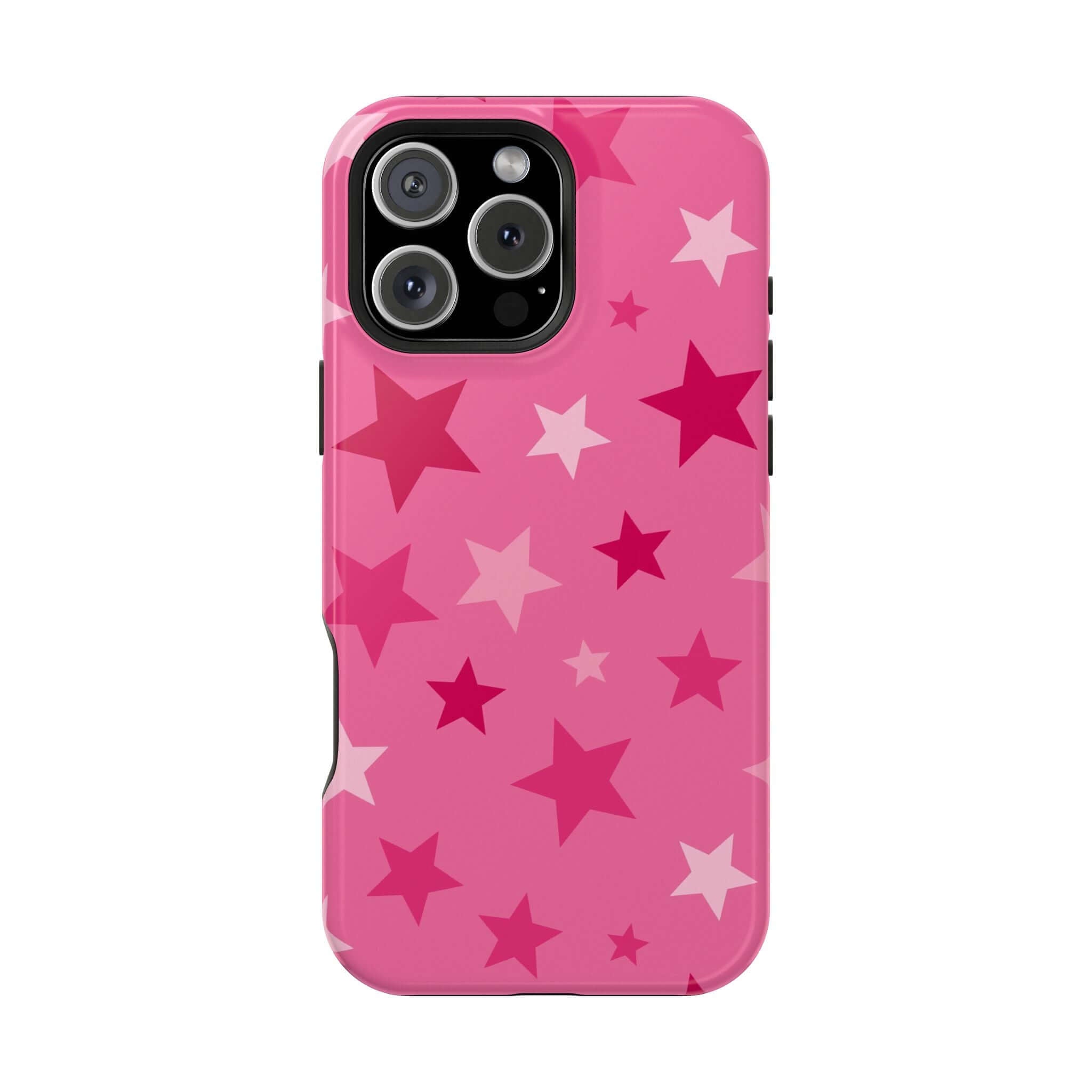 Cute pink iPhone case with star patterns, perfect accessory for trendy phone lovers.