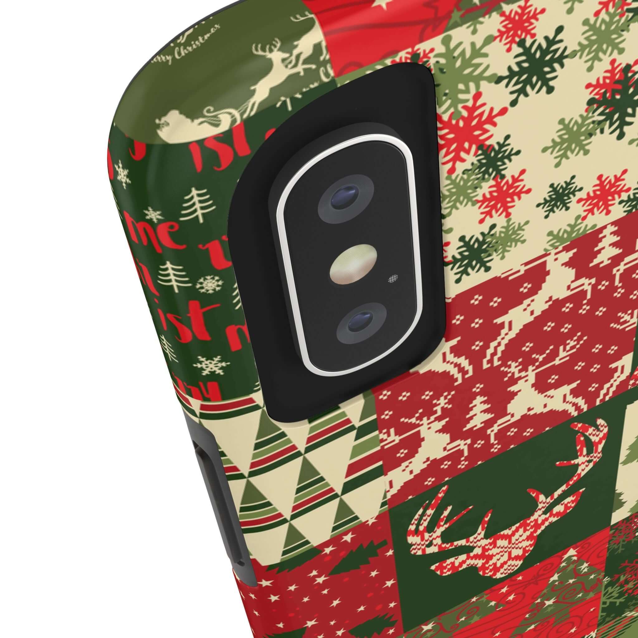 Festive green and red Christmas phone case with reindeer and snowflakes, Cozy Quiltmas custom iPhone case design, holiday gift idea.