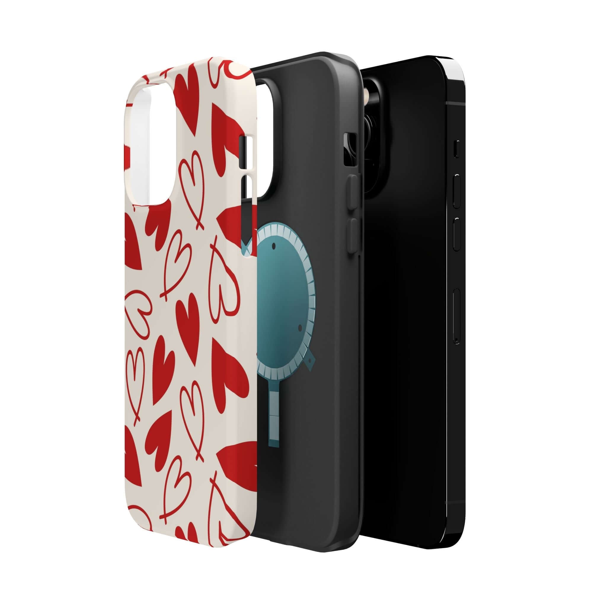 Cute phone cover with playful red hearts design, Be Mine case for iPhone, quirky and fun accessory for phone protection.