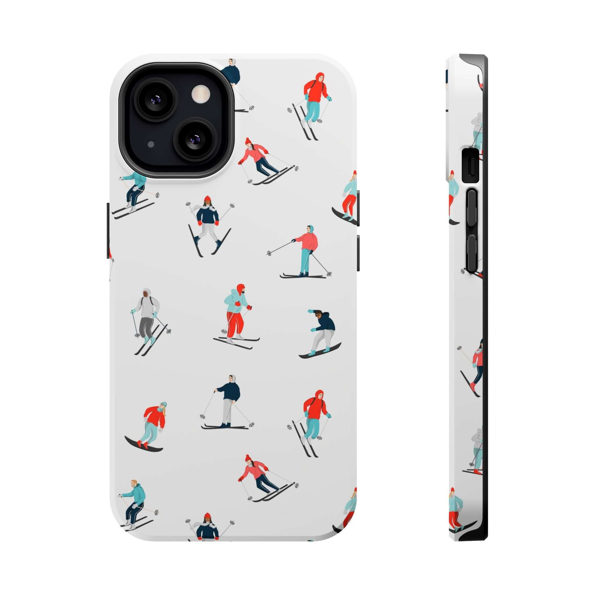 Cute phone cover featuring skiers in a playful design, perfect for winter sports enthusiasts and iPhone cases.