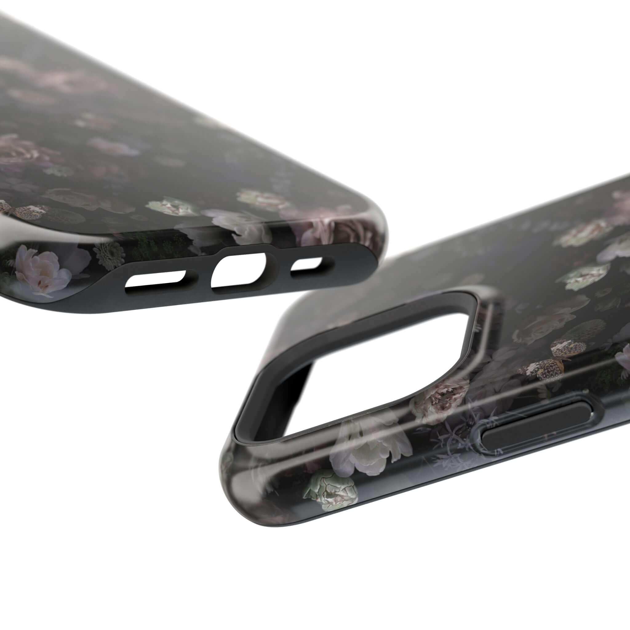 Midnight Curse black floral MagSafe iPhone case with cute roses. Stylish and protective phone cover for trendsetters.