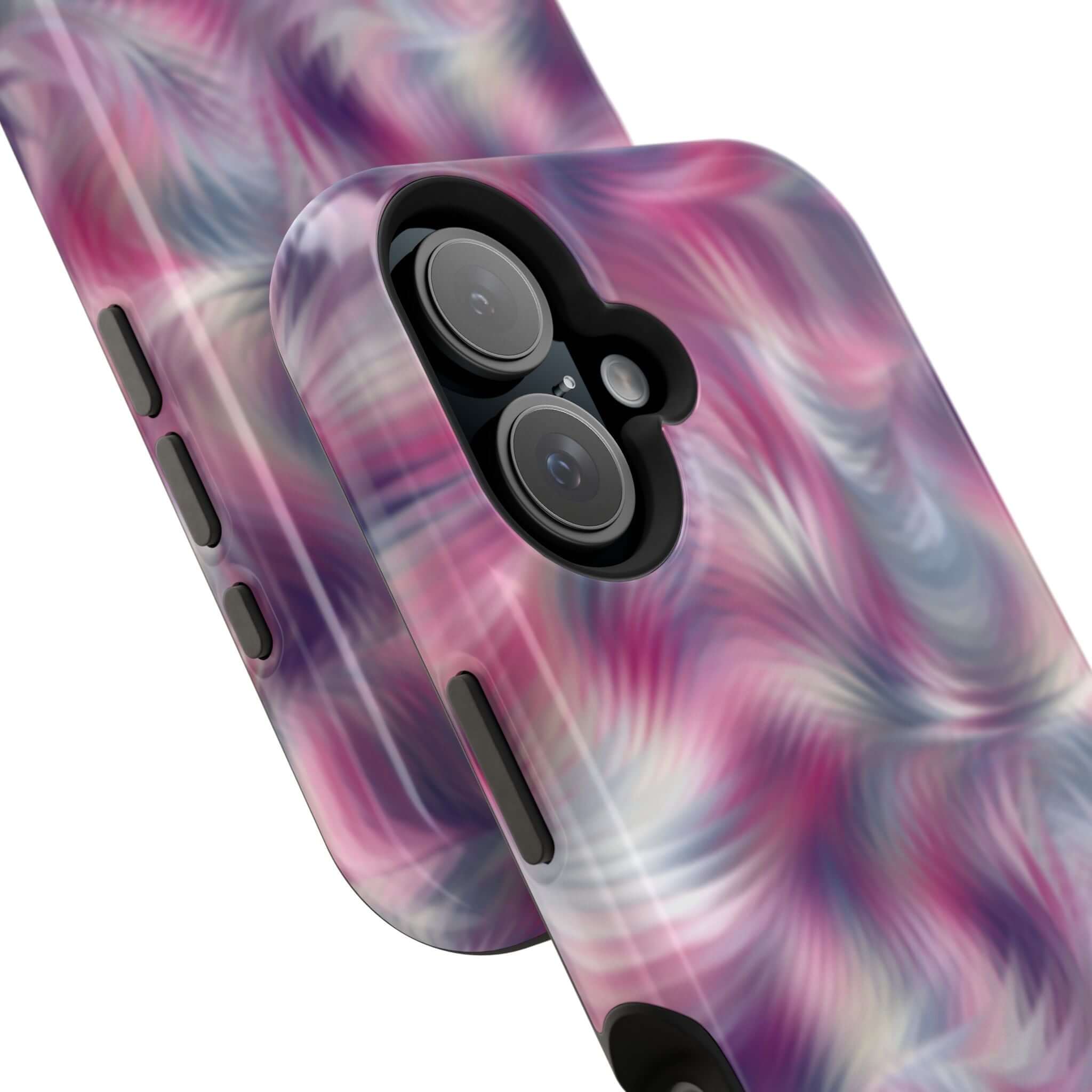 Quirky purple abstract MagSafe iPhone case with tie dye swirl design, a cute floral phone cover to showcase your playful personality.