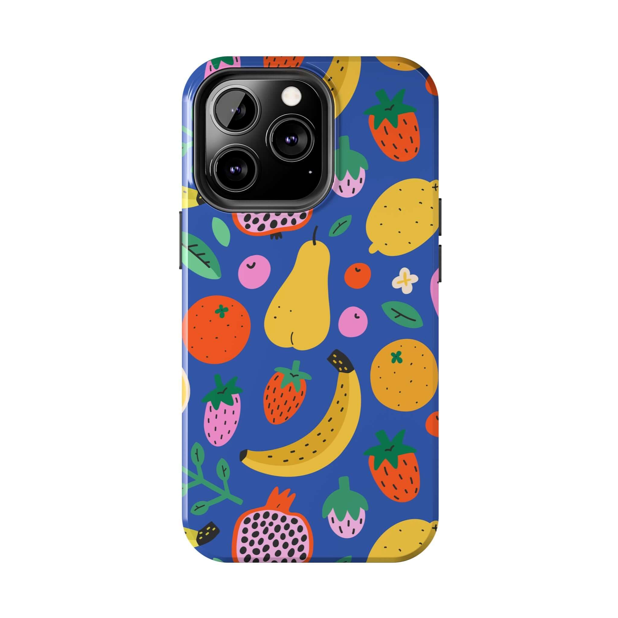 Cute phone cover featuring colorful beachy fruits on a vibrant blue background for Apple iPhone.