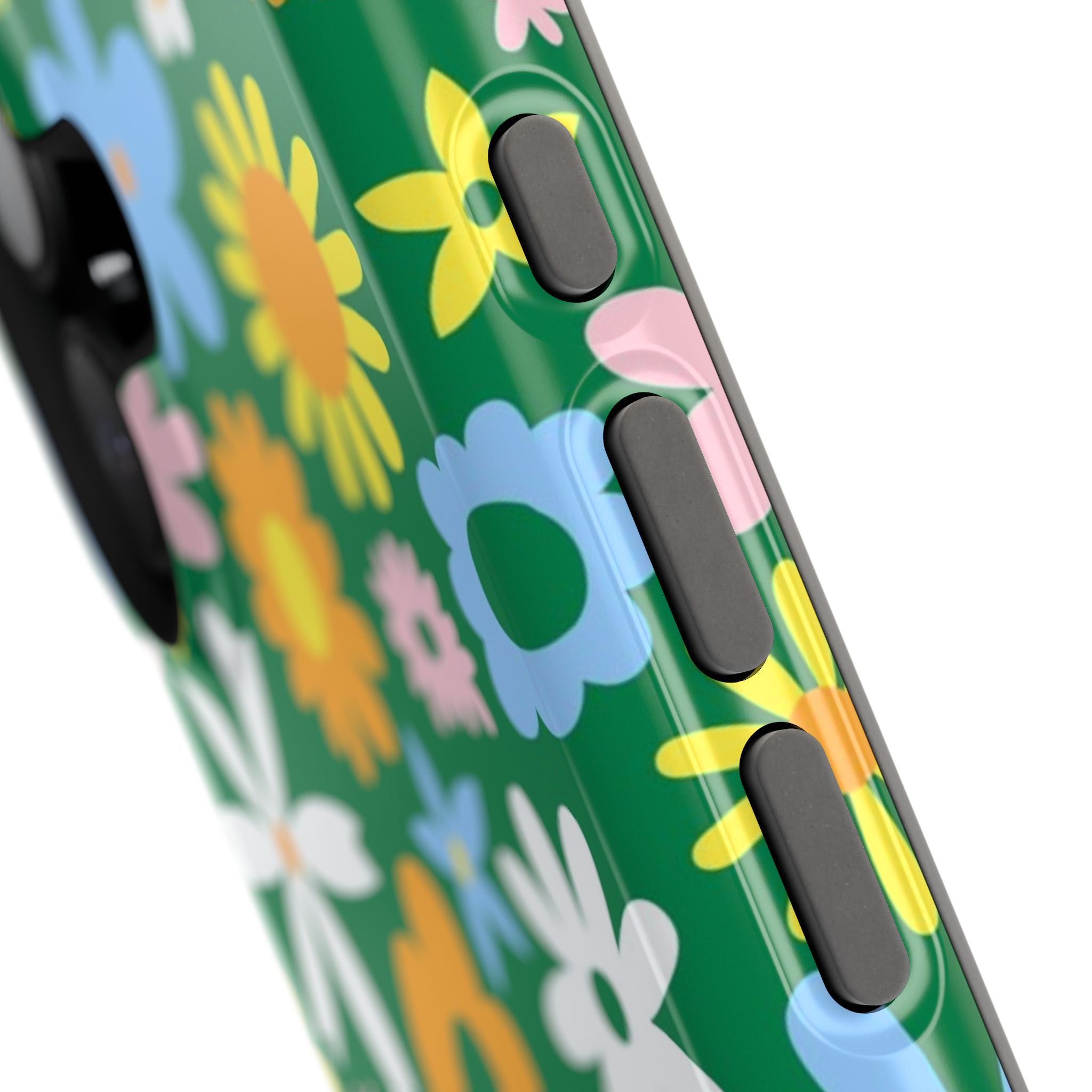 Vibrant floral design on a green hippie MagSafe iPhone case, showcasing colorful flower power style and cute protection.