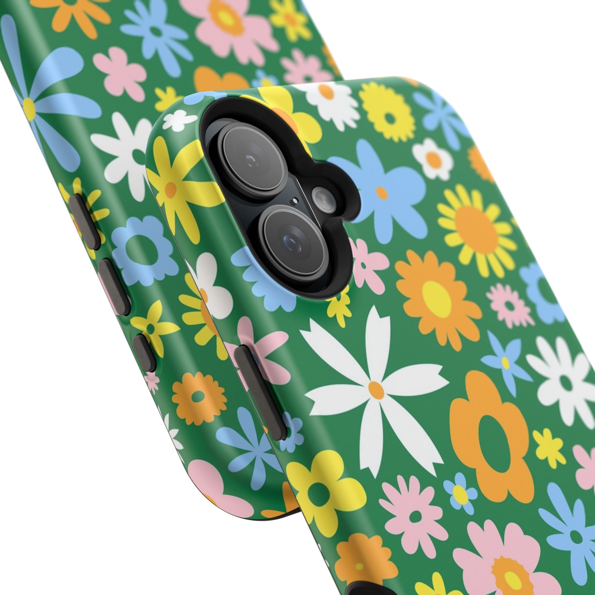 Vibrant floral MagSafe iPhone case with colorful hippie design on green background, perfect for a cute phone cover.