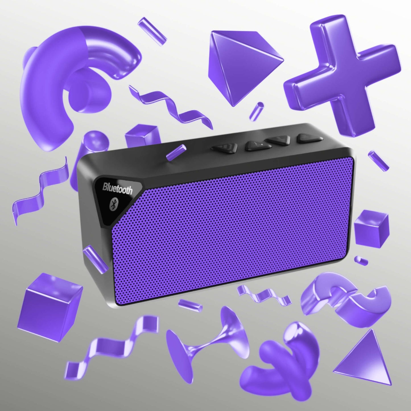 Purple Bluetooth speaker with abstract shapes, ideal for holiday trips and parties. Rechargeable with 10m range and durable design.