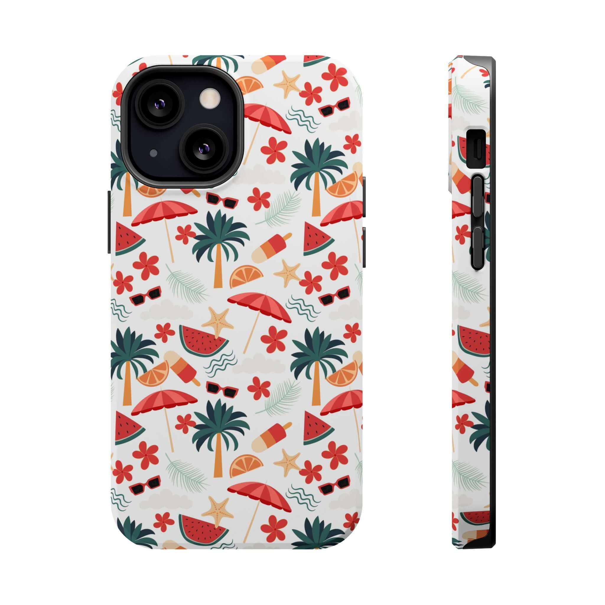 Cute iPhone 14 summer beach case with playful design featuring umbrellas, palm trees, and flowers, free shipping available.