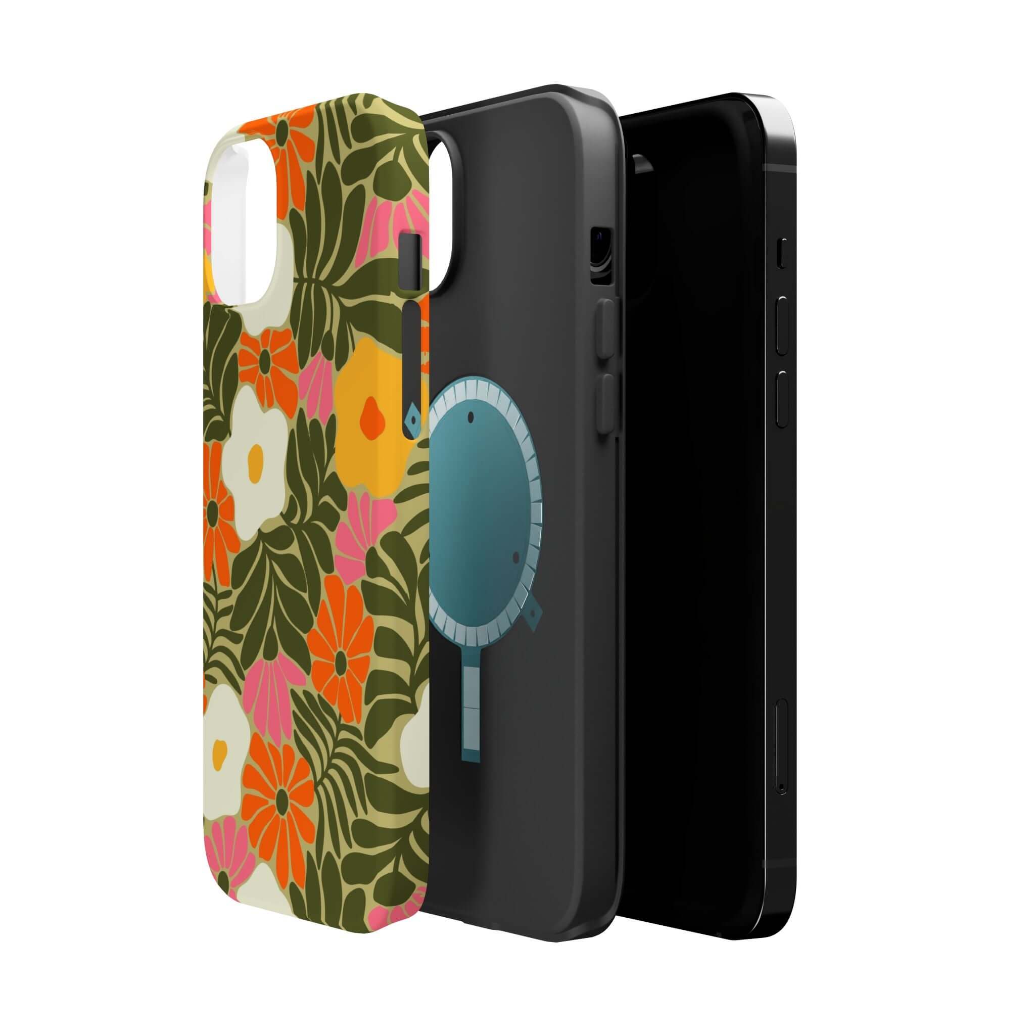 Retro tropical floral phone case for Apple iPhone with MagSafe, showcasing vibrant colors and playful design.