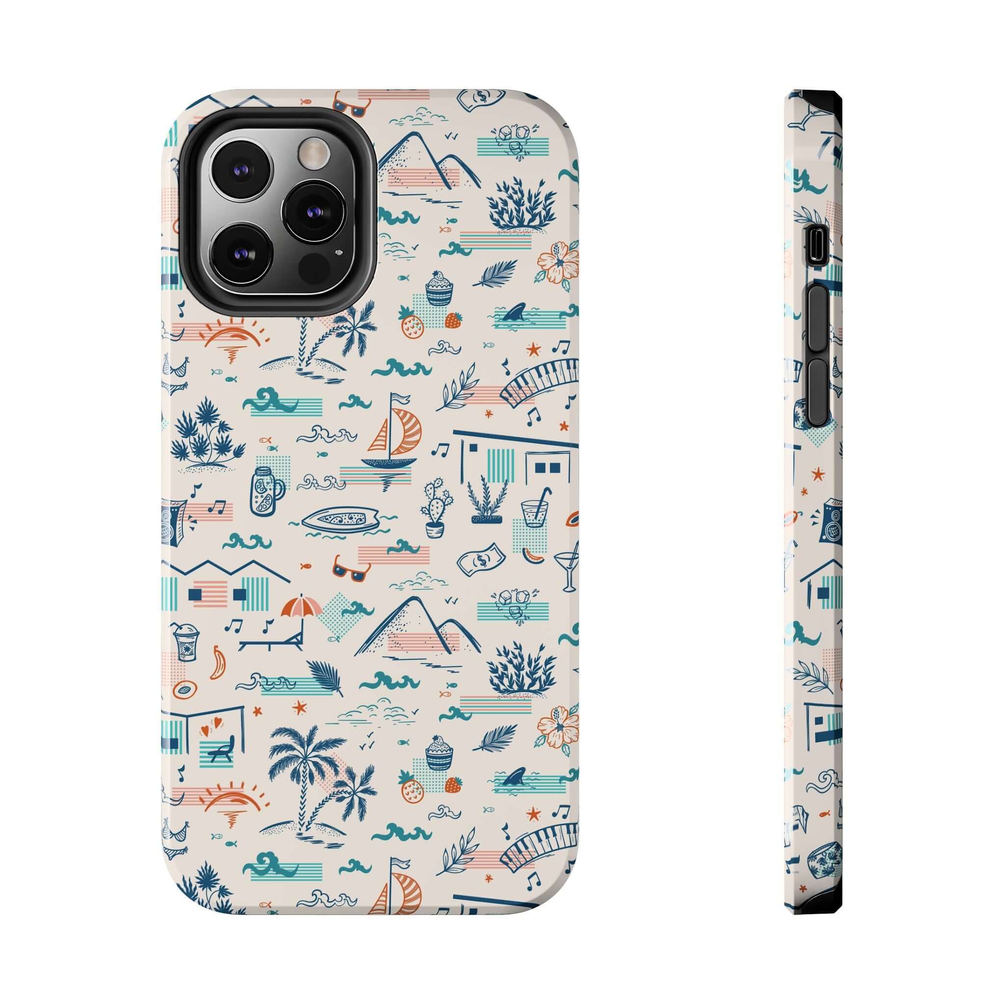 Colorful summer-themed iPhone 14 Pro Max case with fun vacation illustrations and playful design. Perfect for cute phone case lovers.