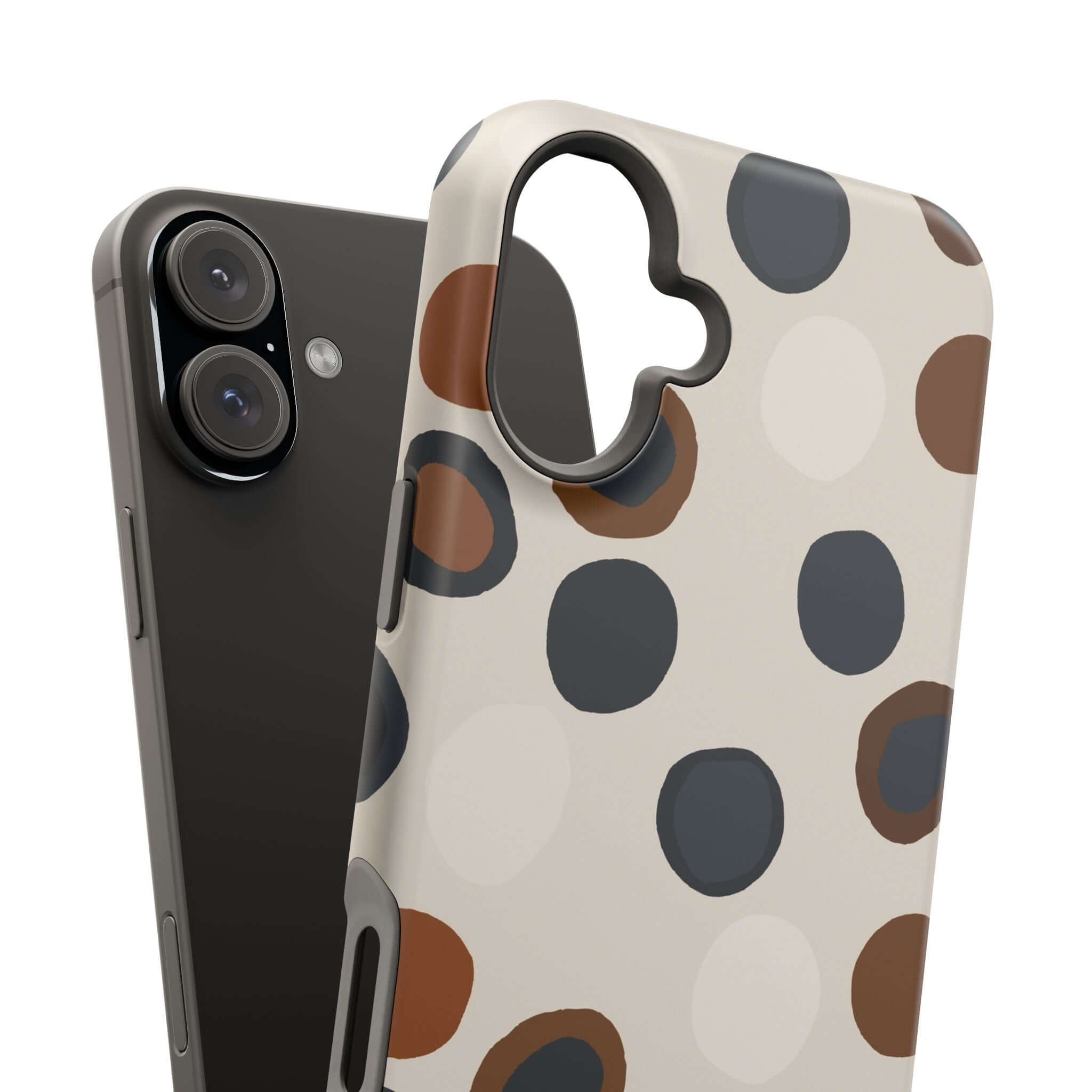 Colorful iPhone case with brown abstract spots, perfect for a cute and modern style, ideal for chic adventurers.