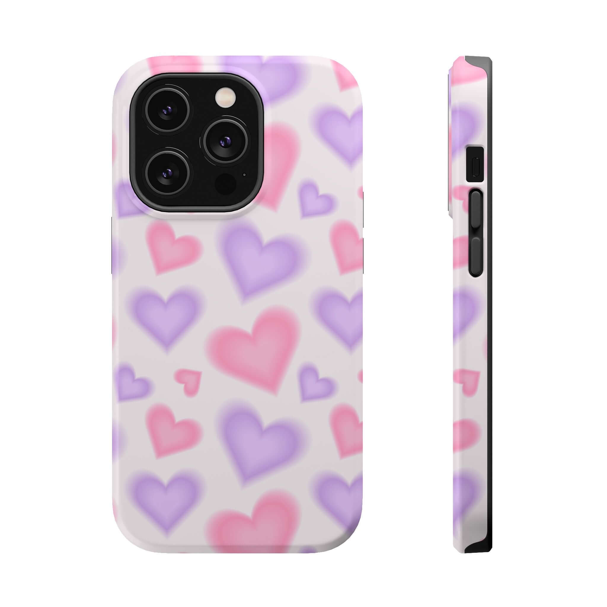 Cute phone cover with pink and purple hearts design, perfect for Apple iPhone, showcasing playful blur effect.