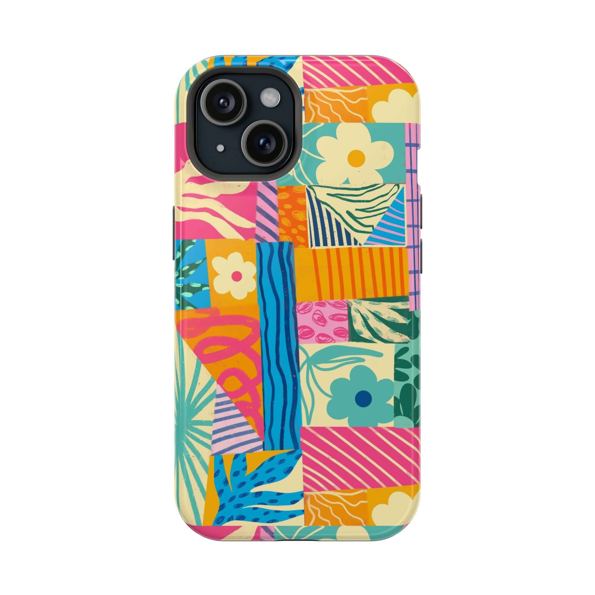 Cute colorful patchwork iPhone 16 case, perfect for beach lovers, adds vibrant style and protection. Sunny Tides fun phone accessory.