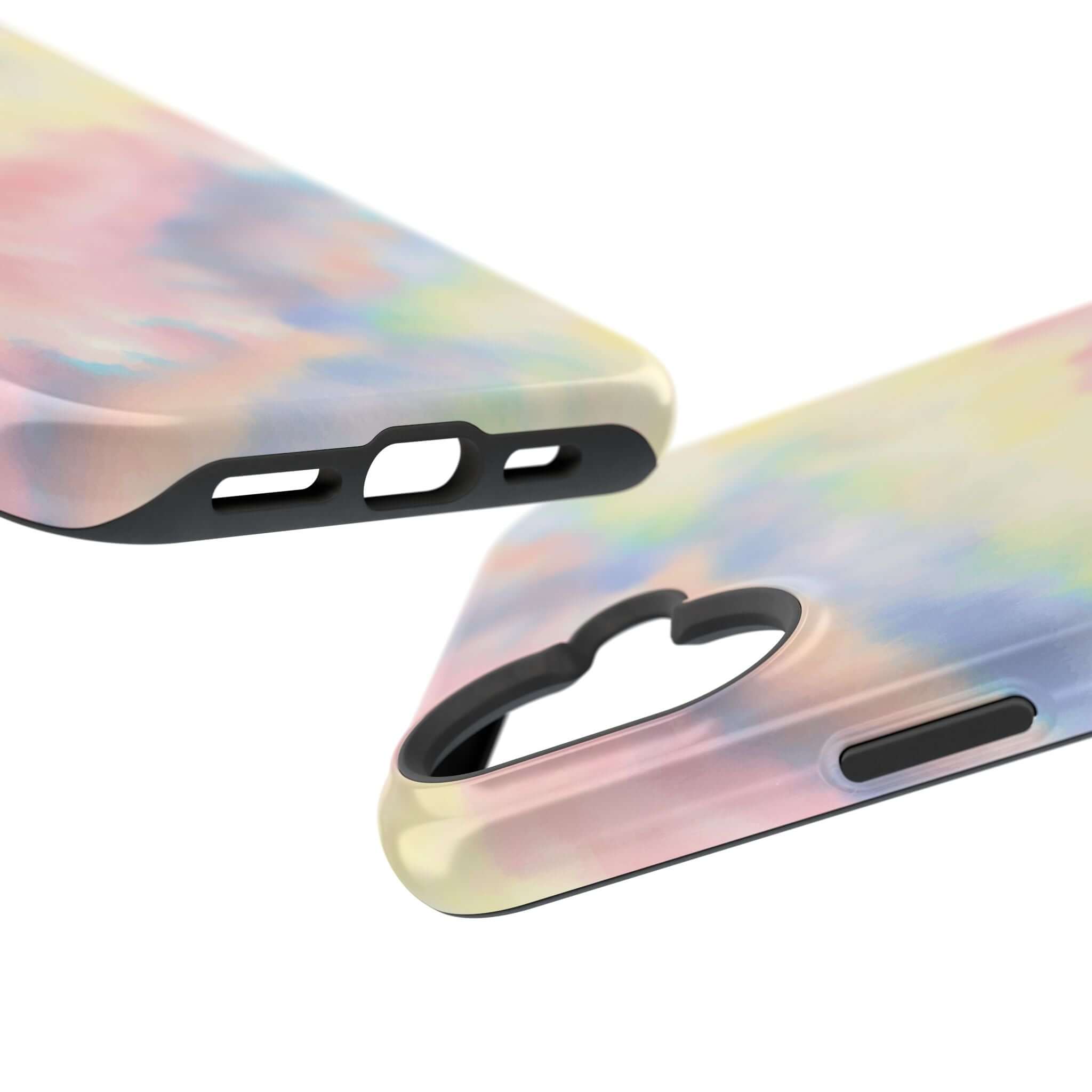 Cute iPhone case with pastel tie dye design, MagSafe compatible; perfect for custom phone case style and unique tech accessory.