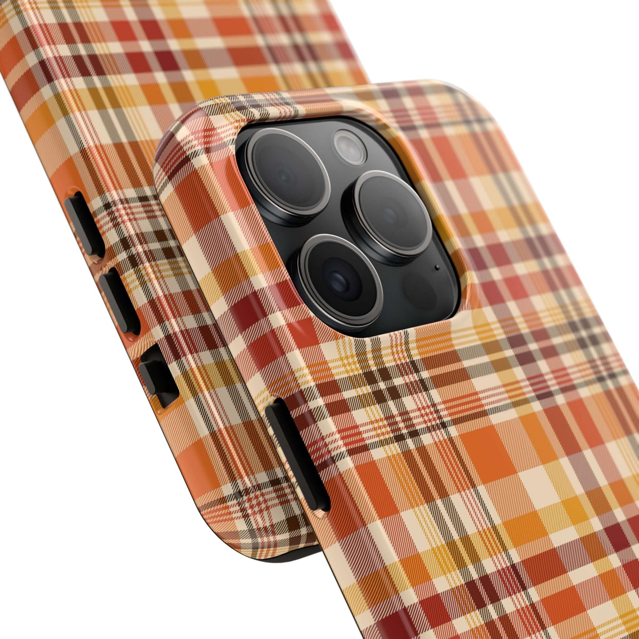 Autumn Air fall plaid phone case with orange, yellow, and brown plaid design, perfect Halloween and cute fall iPhone case.