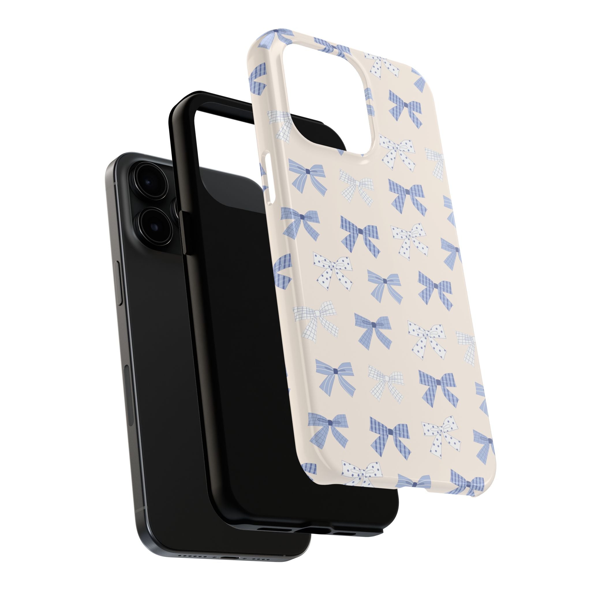 Cute phone case with blue bows for iPhone 16, perfect for the bride-to-be. Stylish and protective design.