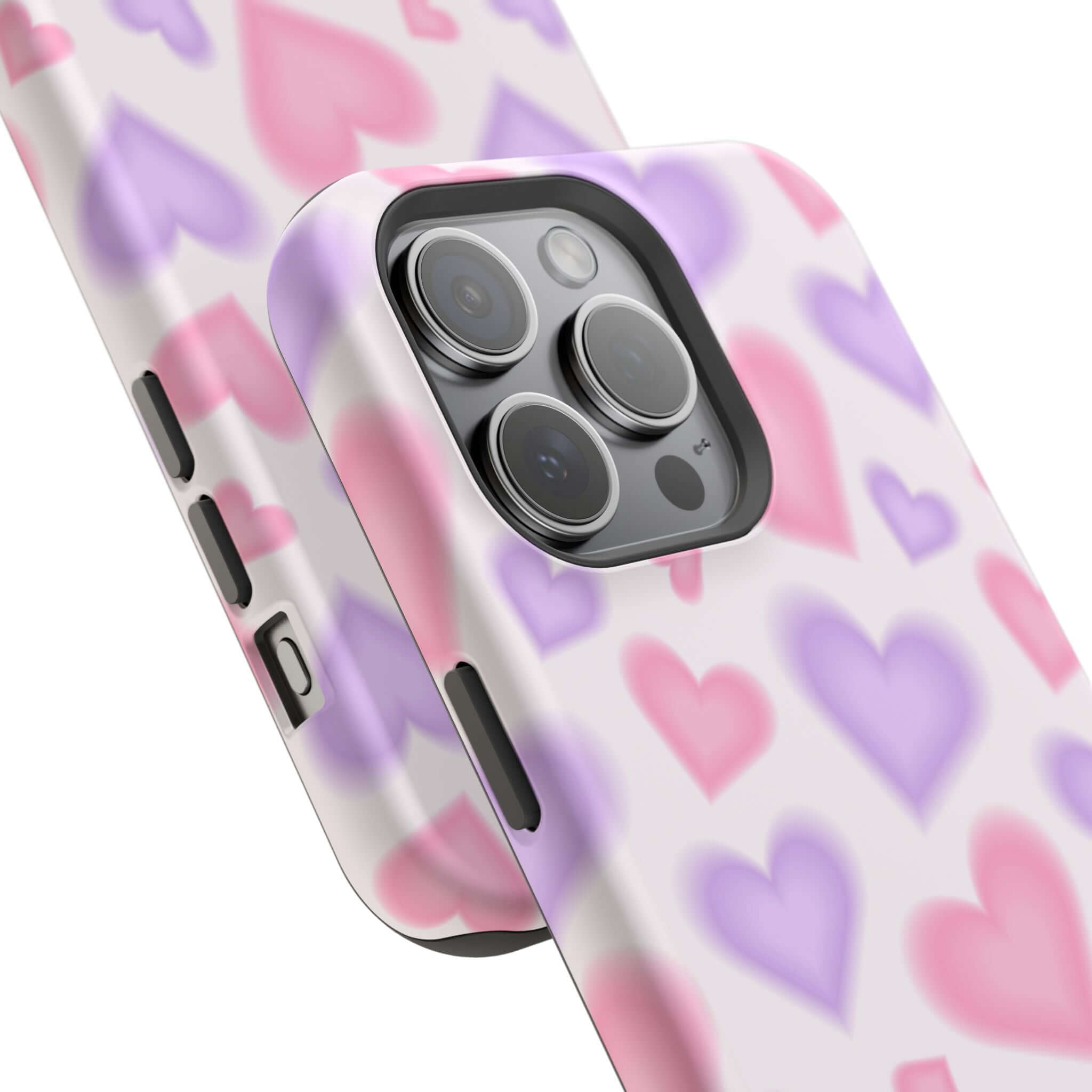 Cute phone cover with pink and purple hearts, perfect iPhone case for adding a playful touch to your device.