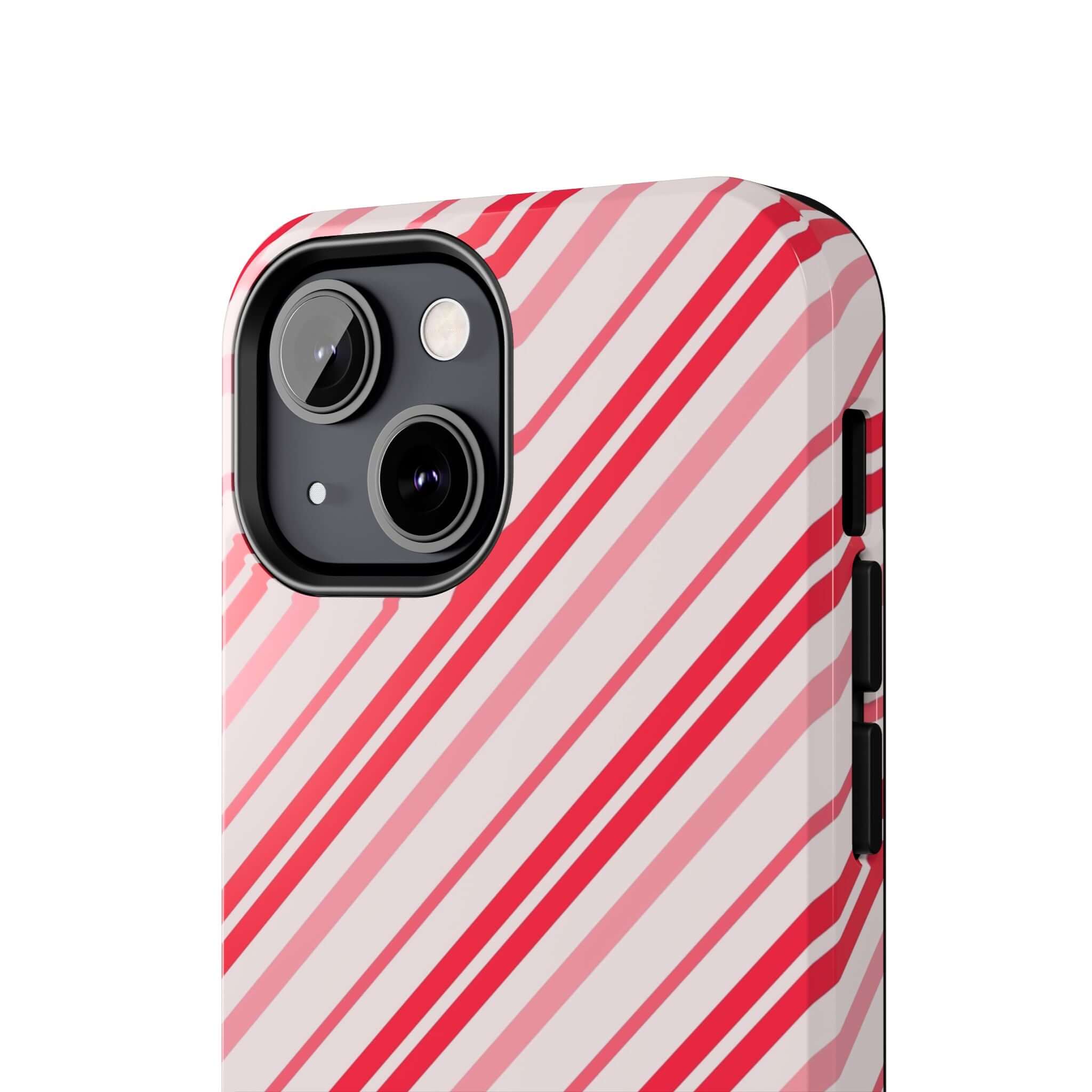 Striped red and white holiday phone case design for iPhone, featuring festive Candy Cane Cutie pattern. Cute custom iPhone case for Christmas.