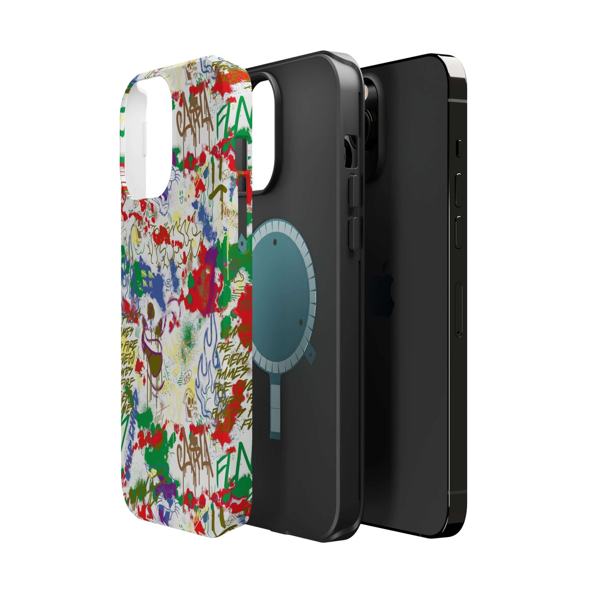 Colorful graffiti phone cases showcasing unique art designs with MagSafe technology, perfect for iPhone lovers.