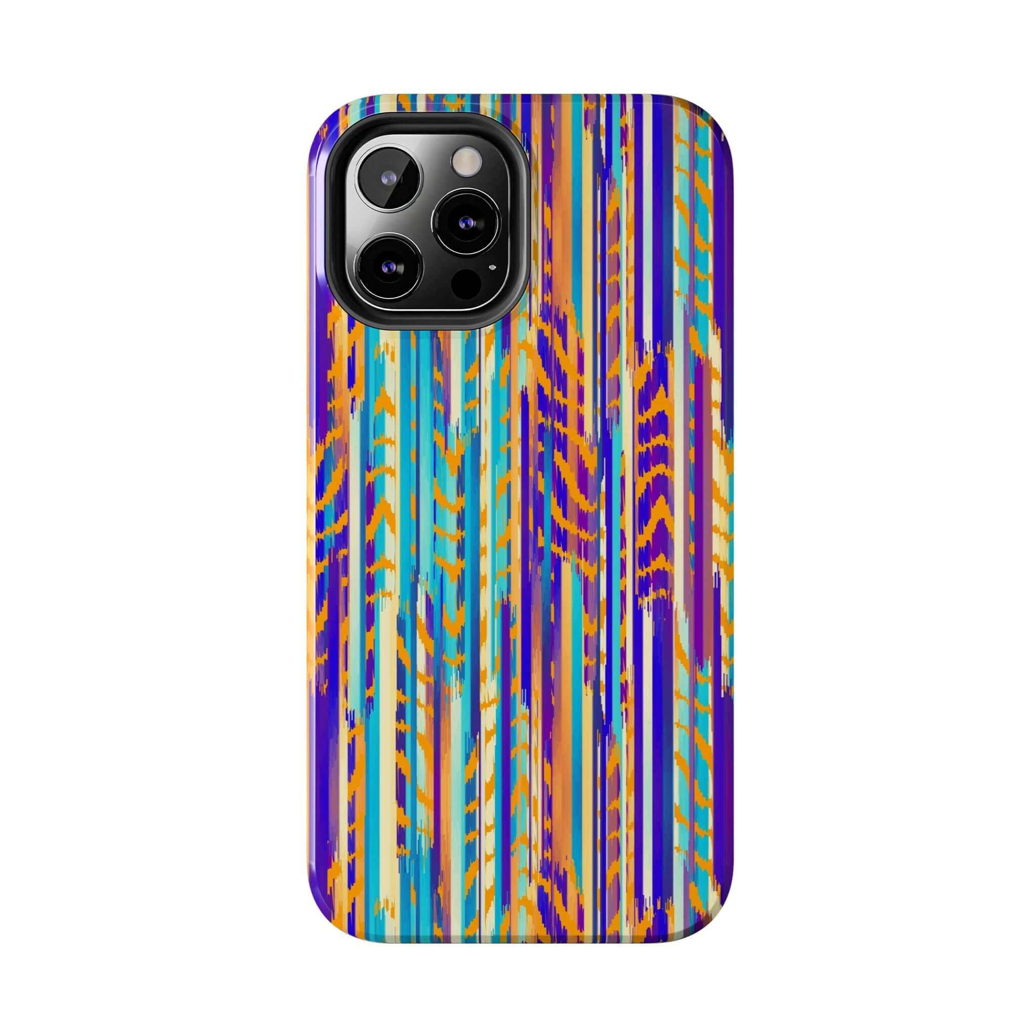 Colorful abstract tie dye iPhone case with vibrant blue, orange, and purple patterns, showcasing a unique and cute phone design.