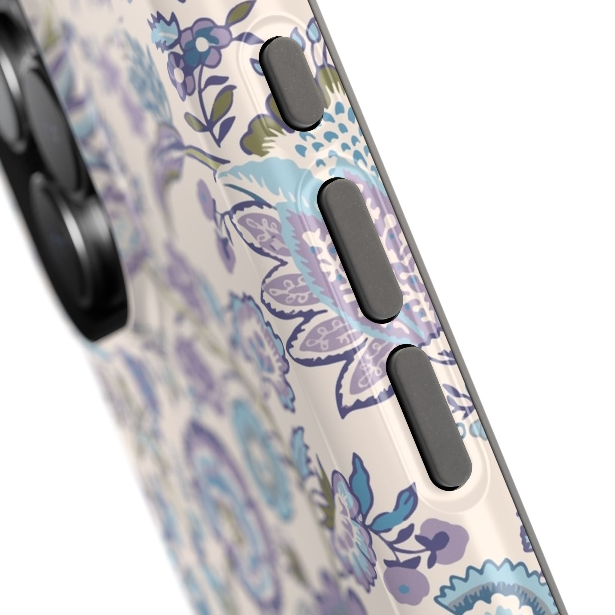 Close-up of blue CottageCore floral MagSafe iPhone case, showcasing charming flower details; a cute phone cover for nature lovers.