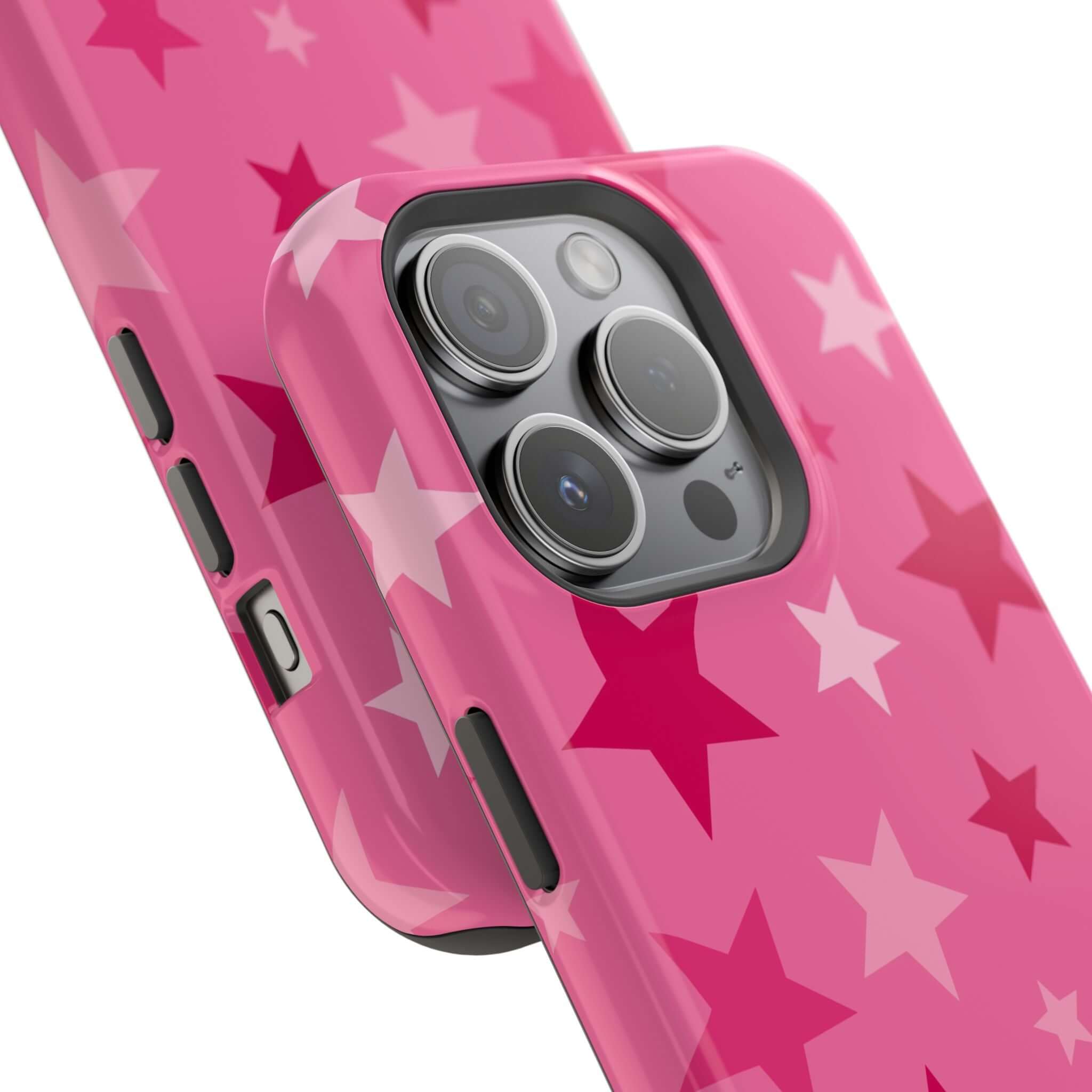 Close-up of the Starry Sweetheart Pink Stars Case, featuring cute pink stars and stylish protection for iPhone.