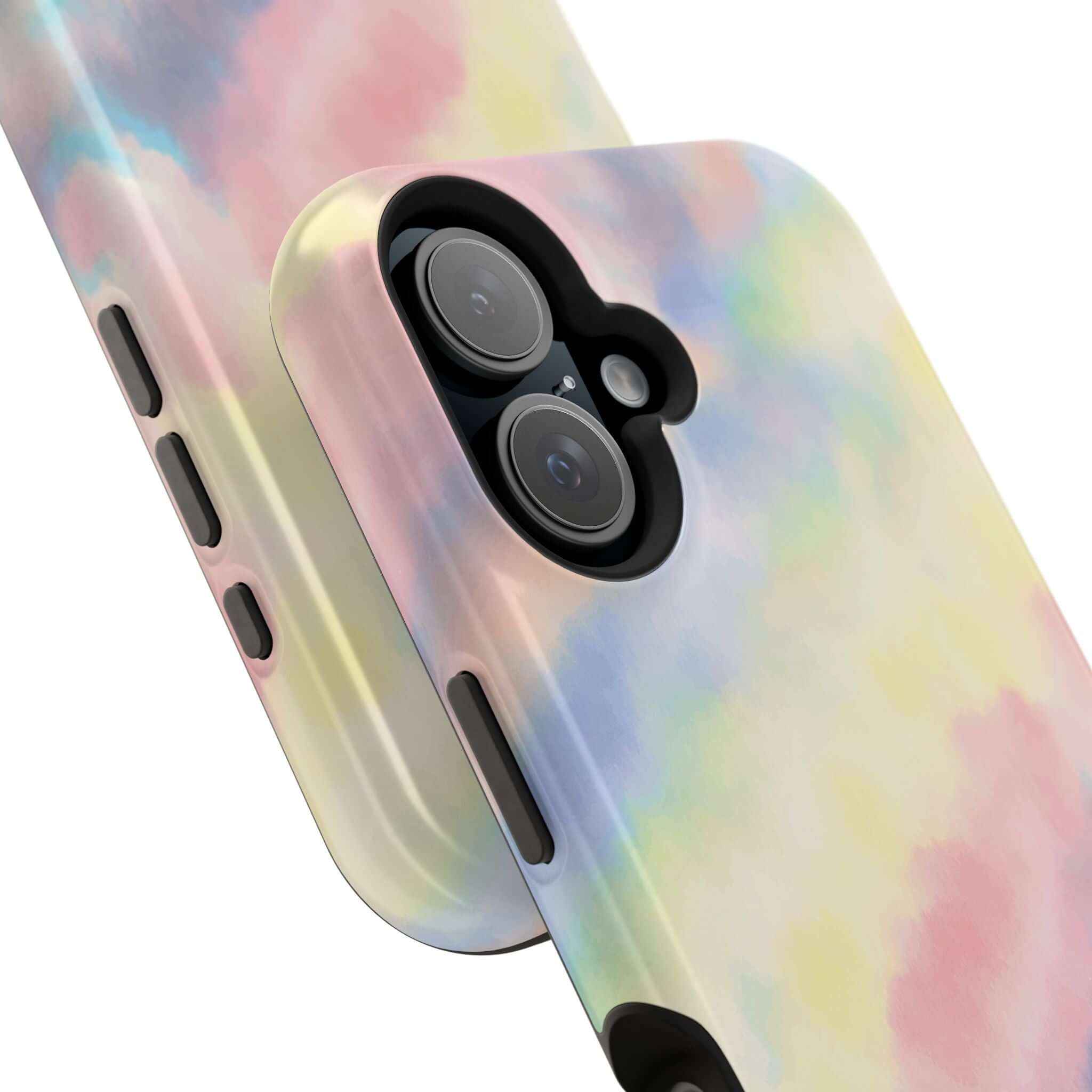 Cute iPhone case with pastel tie dye design, MagSafe compatible, showcasing stylish phone case design, Unicorn Dreams collection.