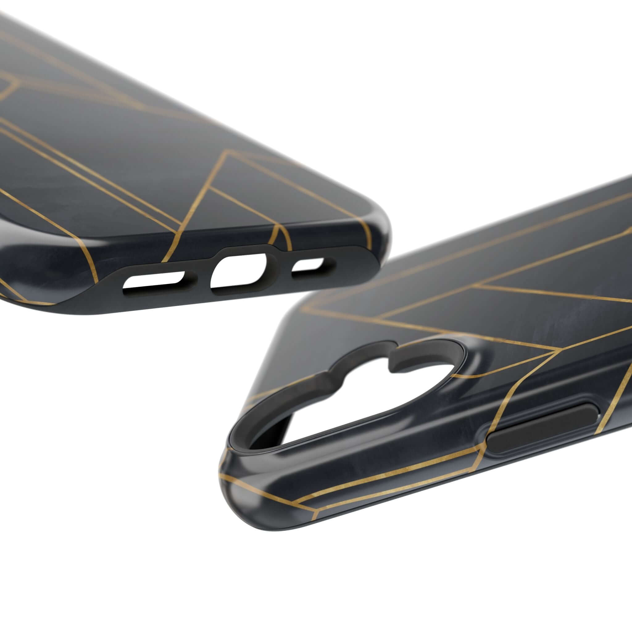 Modern geometric iPhone case with sleek black design and abstract gold lines, showcasing urban style and protection.