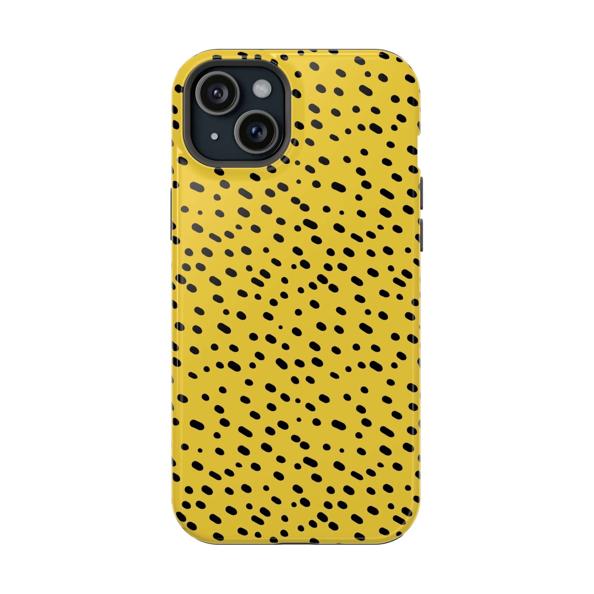 Colorful yellow cheetah iPhone case with bold spots, cute and protective design by Spot On, abstract MagSafe compatible phone case.