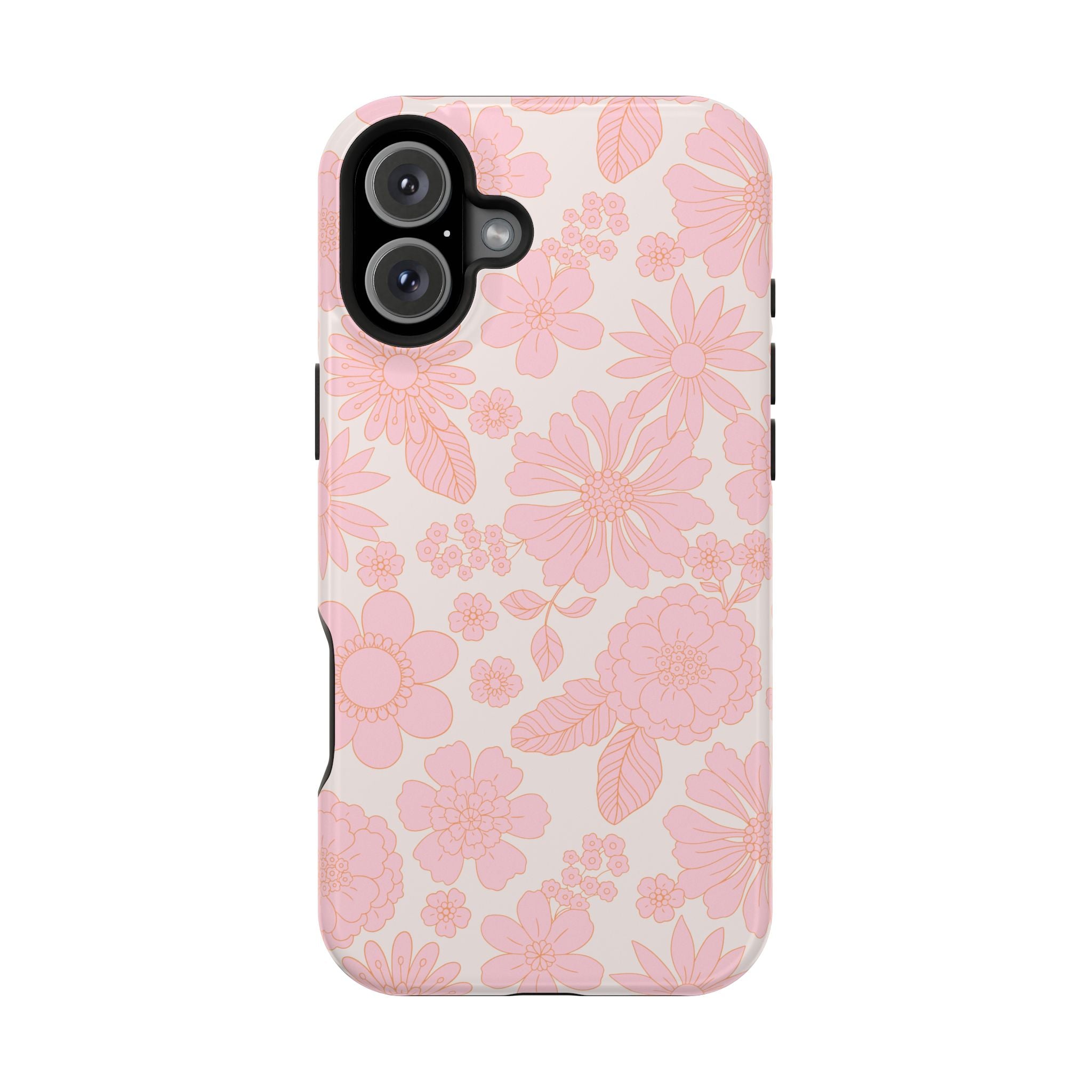 Pink floral iPhone 16 case, Charming Petals, offering cute phone cover protection with a whimsical cottagecore aesthetic.