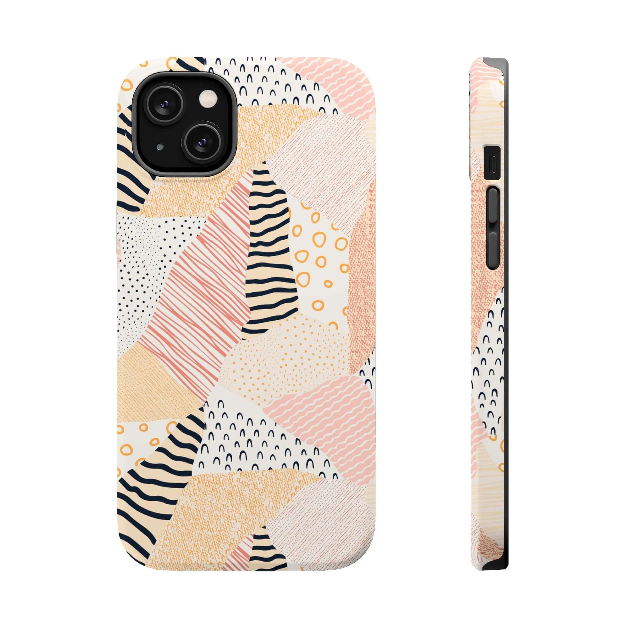 Cute pastel patchwork phone case for iPhone 16 with vibrant colors and unique pattern design.