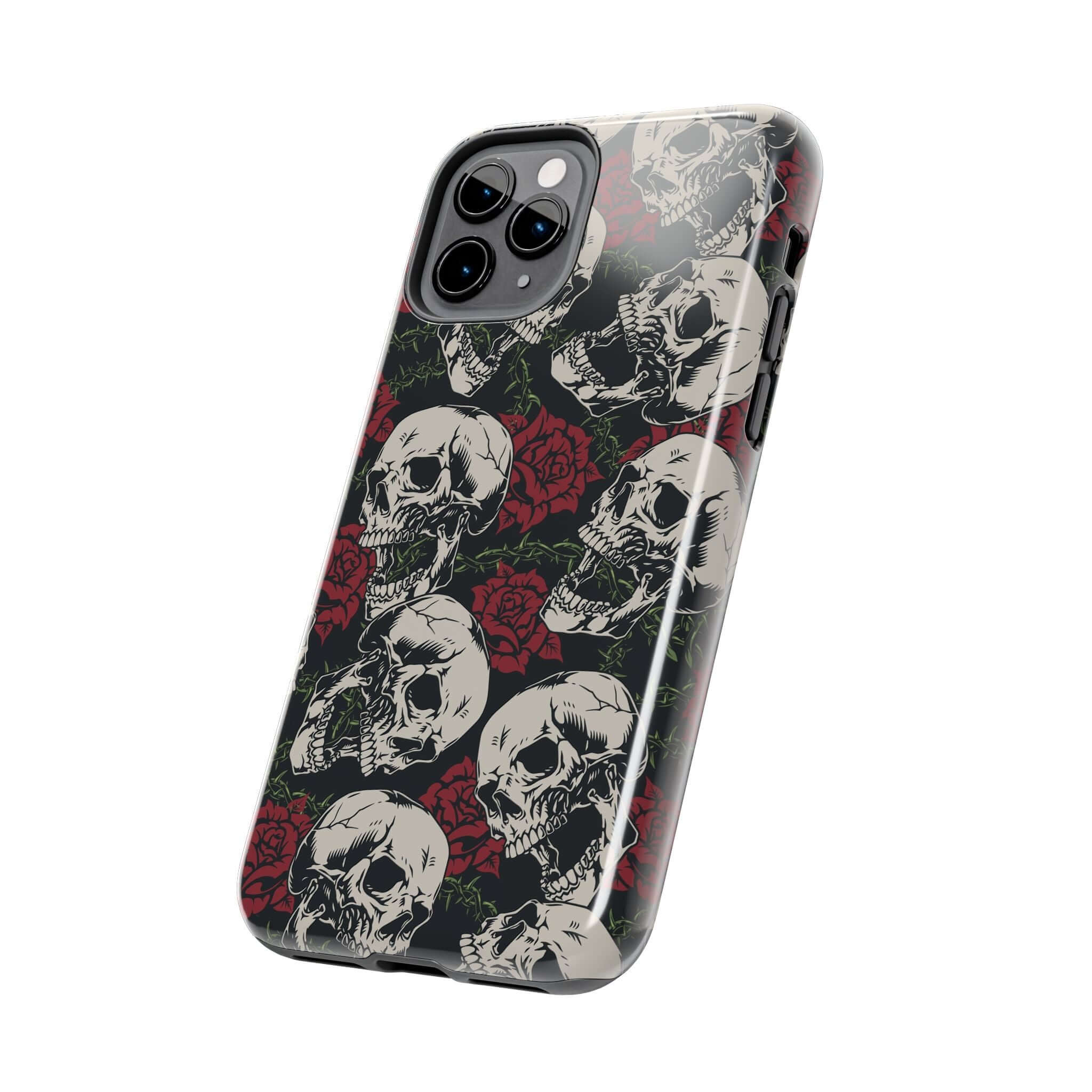 Cute MagSafe iPhone 16 case with skull and rose biker design for protective phone use.